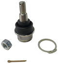 Metal ball joint with threaded stud, black rubber boot, silver housing, hex nut, retaining ring, and pin.