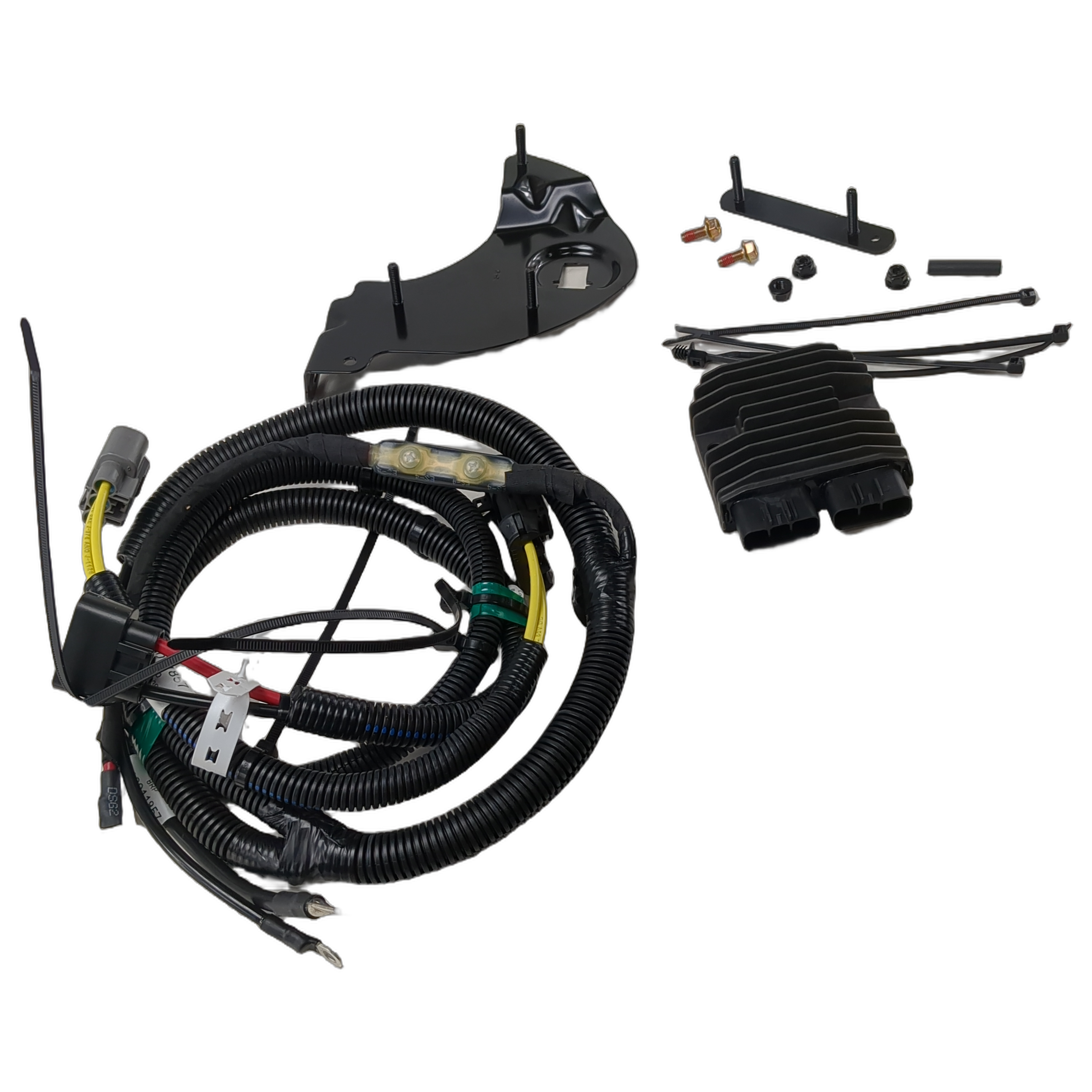 Black voltage regulator kit with wiring harness, cooling fin regulator, mounting bracket, screws, and zip ties.