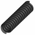 Black metal coil spring with tightly wound, cylindrical shape and flat ends.