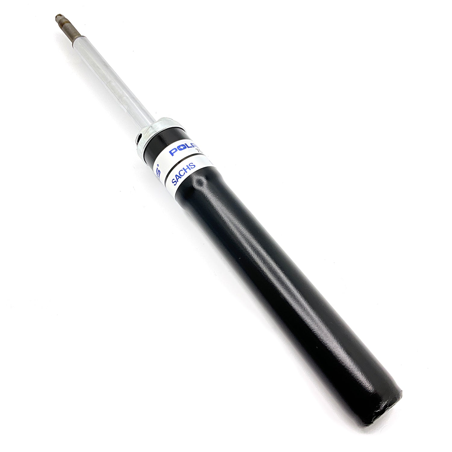 Black and white front strut shock absorber with metal piston rod and Polaris label.