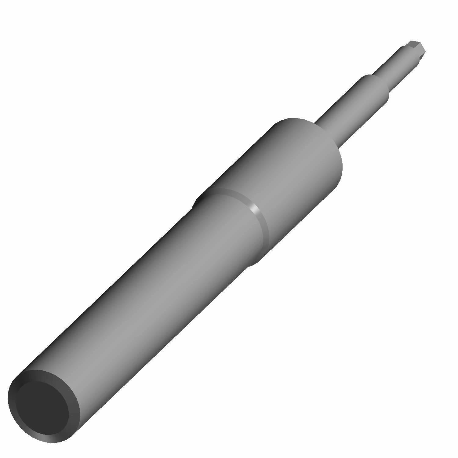 Gray cylindrical metal front strut with a smooth surface and tapered ends, 18 x 30 mm size.