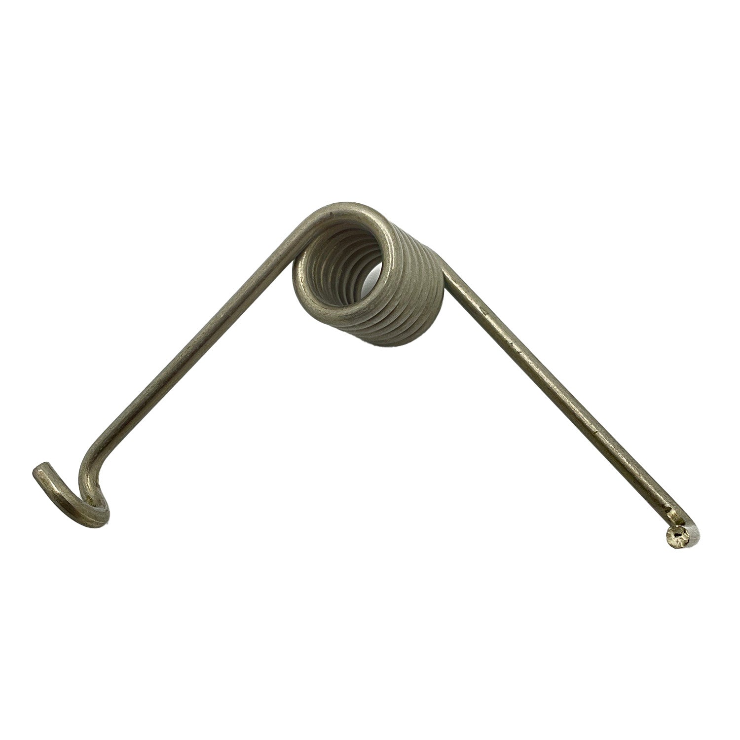 Coiled metal accelerator spring with extended hooked ends, silver-gray finish.