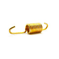 Gold-colored metal coil spring with hooked ends, compact and tightly wound.
