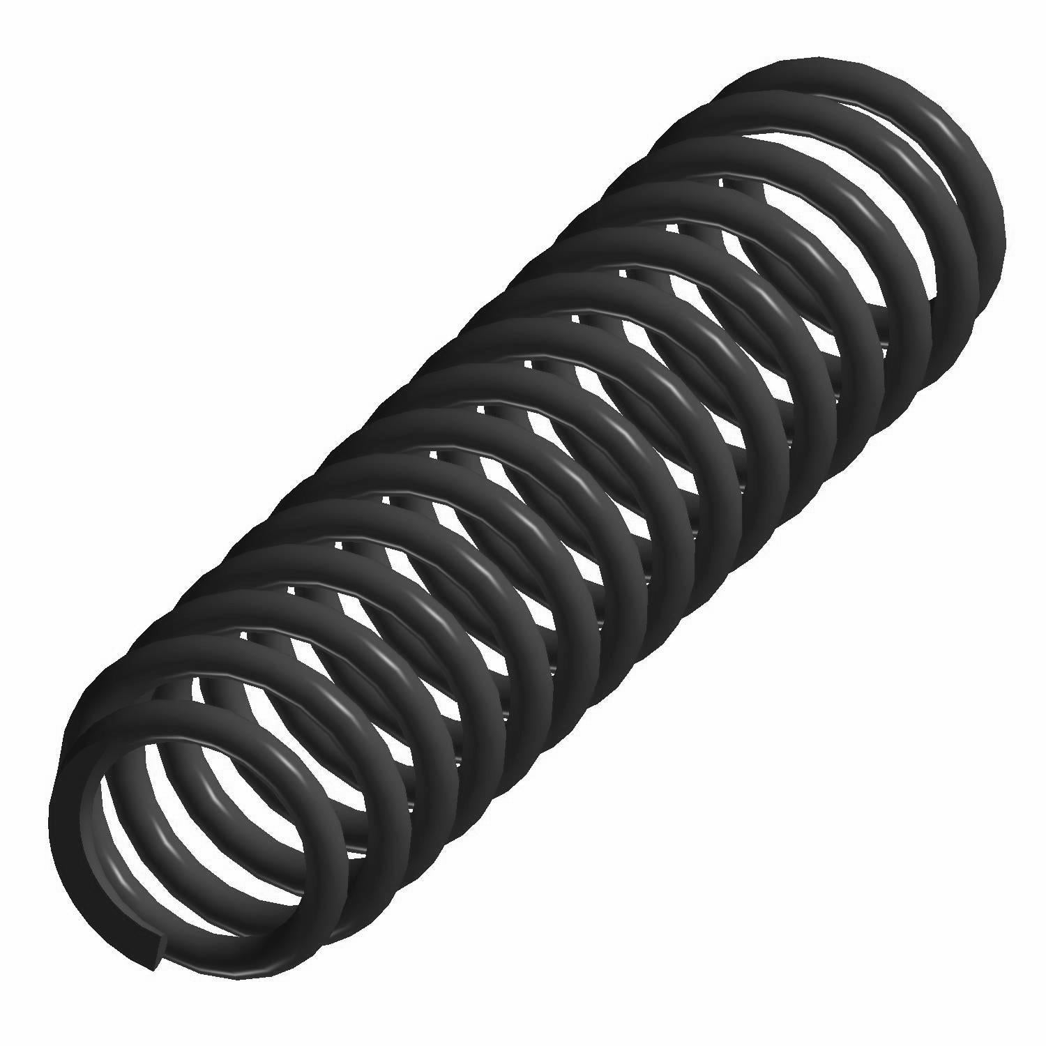 Black heavy-duty coil spring with tightly wound coils and a sturdy metal construction.