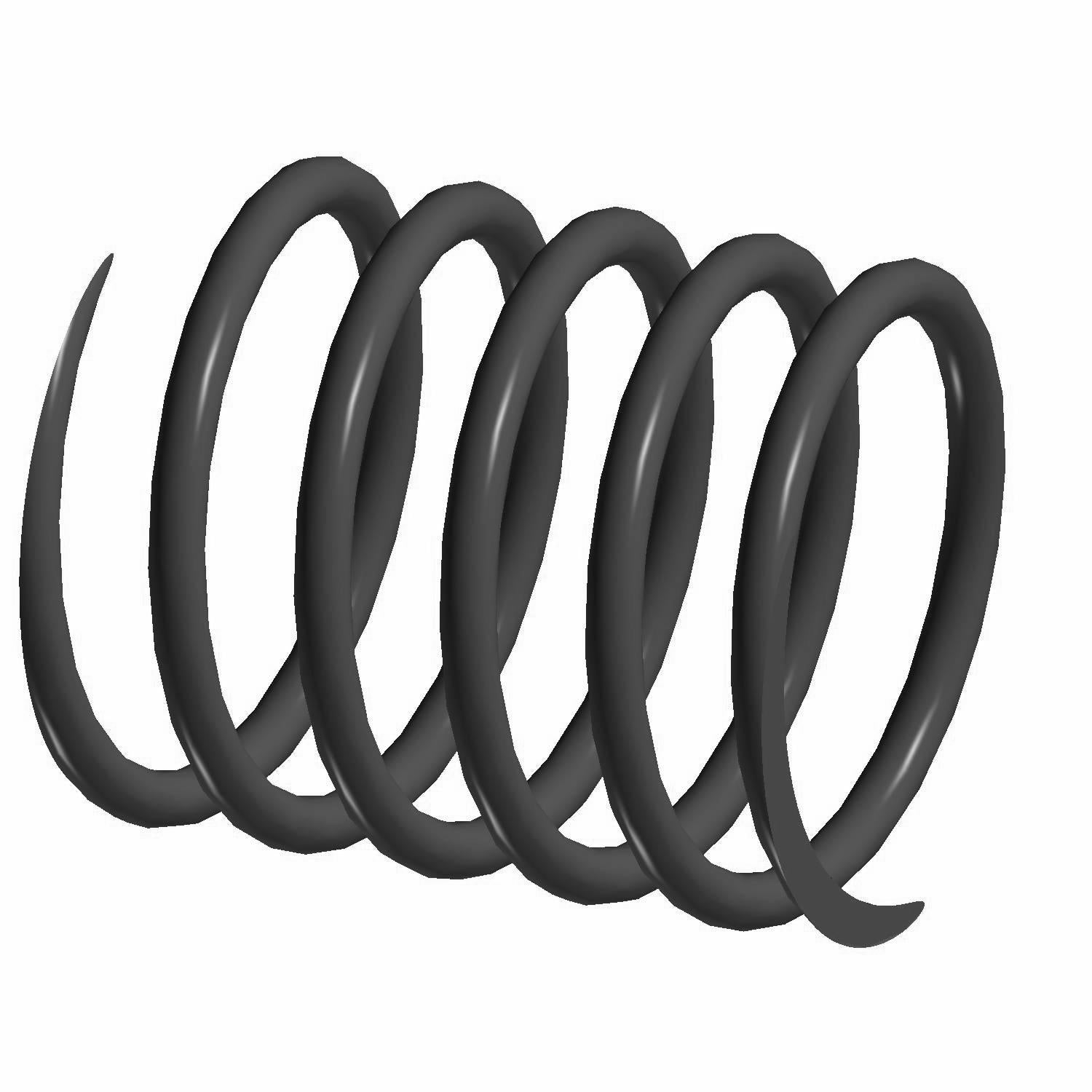 Black heavy-duty coil spring with tightly wound thick metal coils.