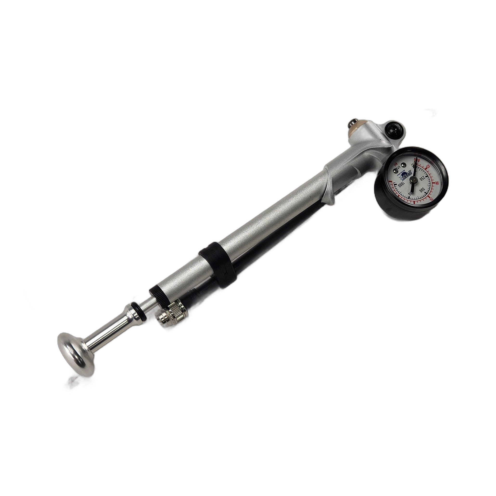 The Pump-Shock Fox Float by Polaris is a silver handheld air pump with a built-in pressure gauge, black accents, and a metal piston, ideal for shock adjustment, shown on a white background.