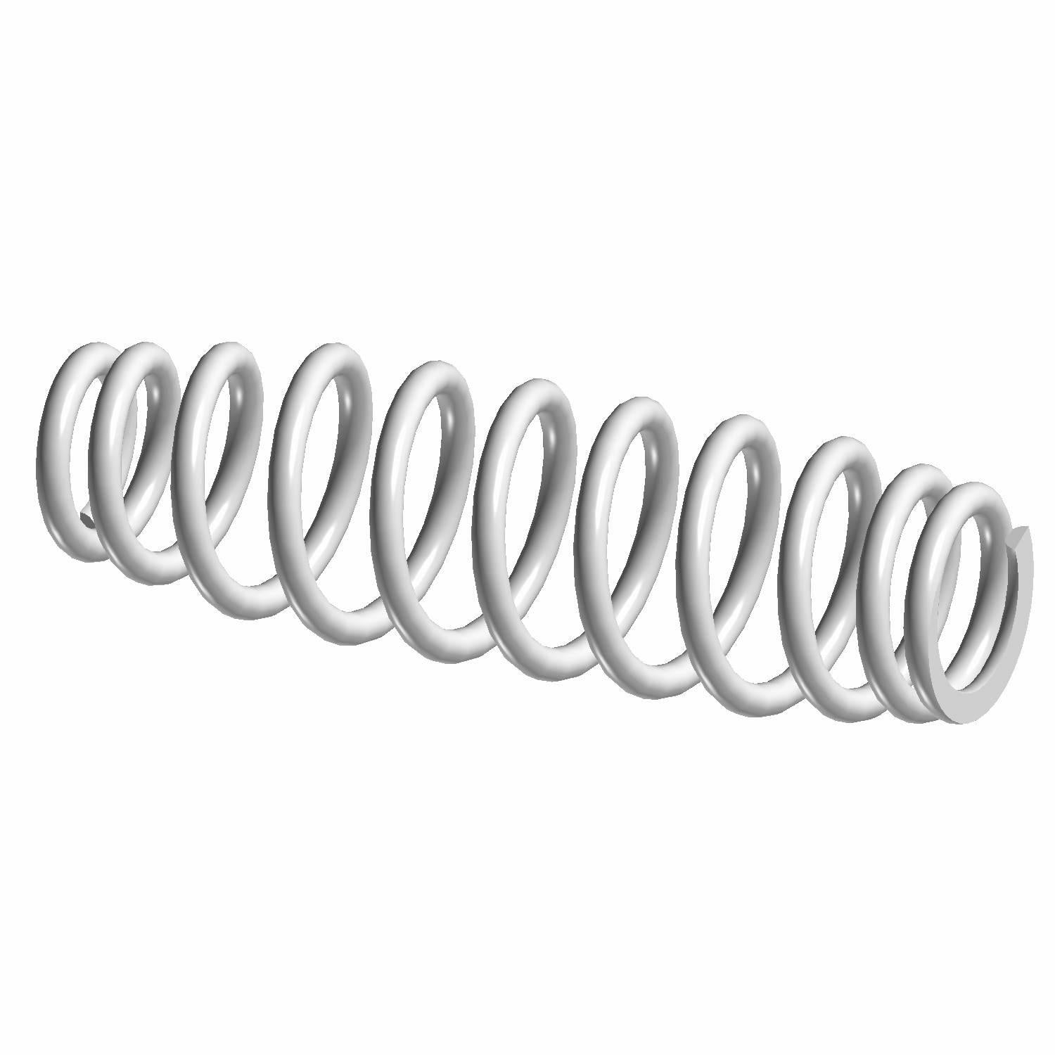 Silver metal compression spring with tightly coiled cylindrical shape and uniform thickness.