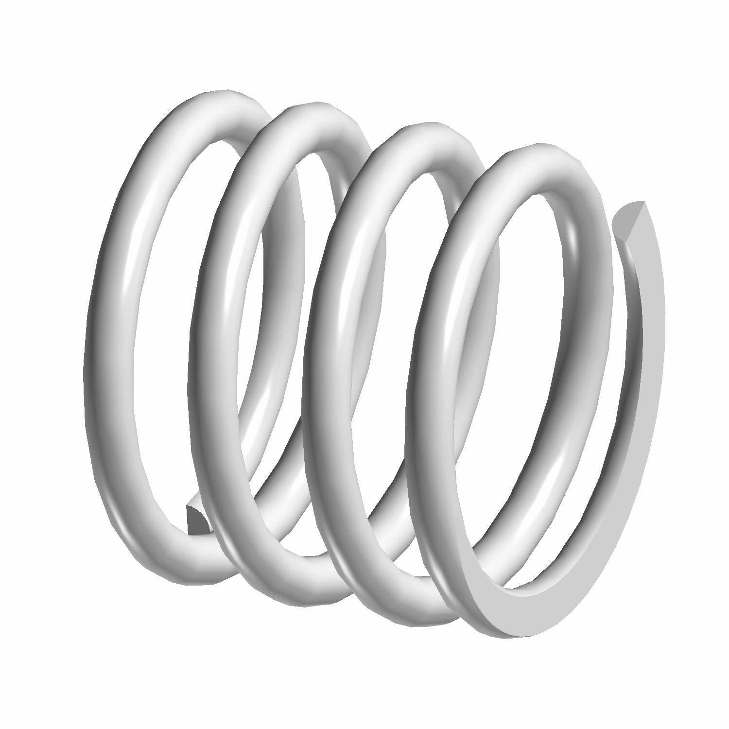 Silver coil spring with thick, round metal wire designed for rear suspension.