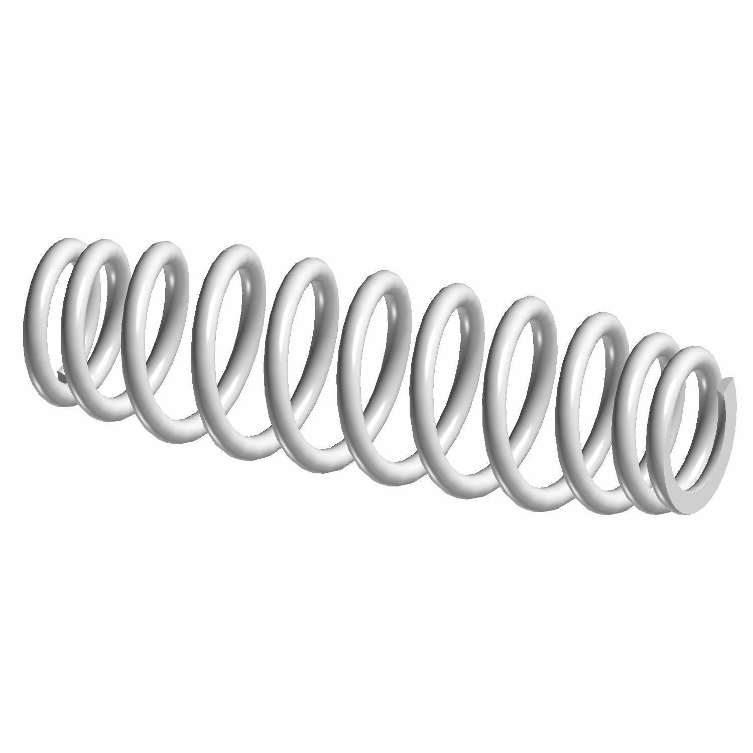 Silver metal coil compression spring with uniform thick wire winding.