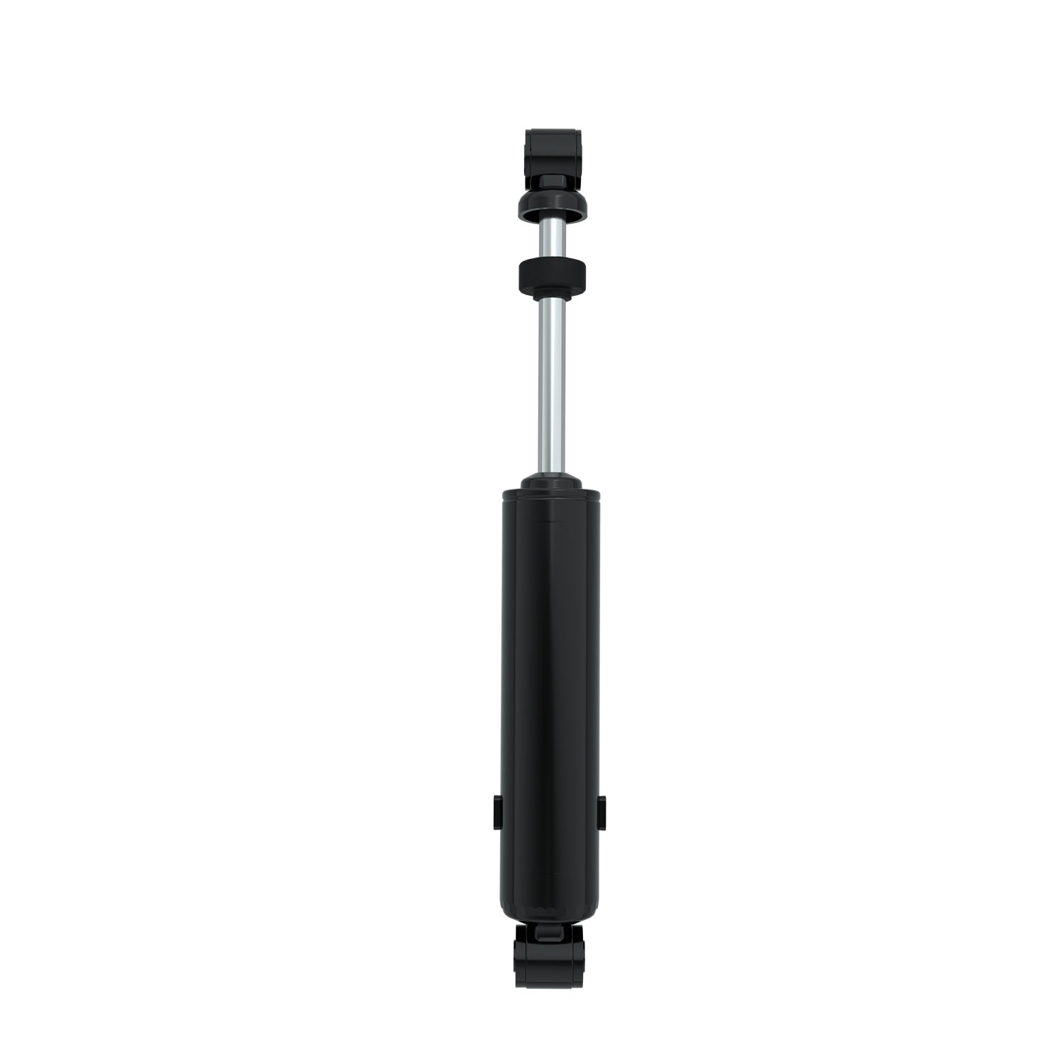 Black and silver rear shock absorber for Polaris Ranger with mounting eyelets on both ends.
