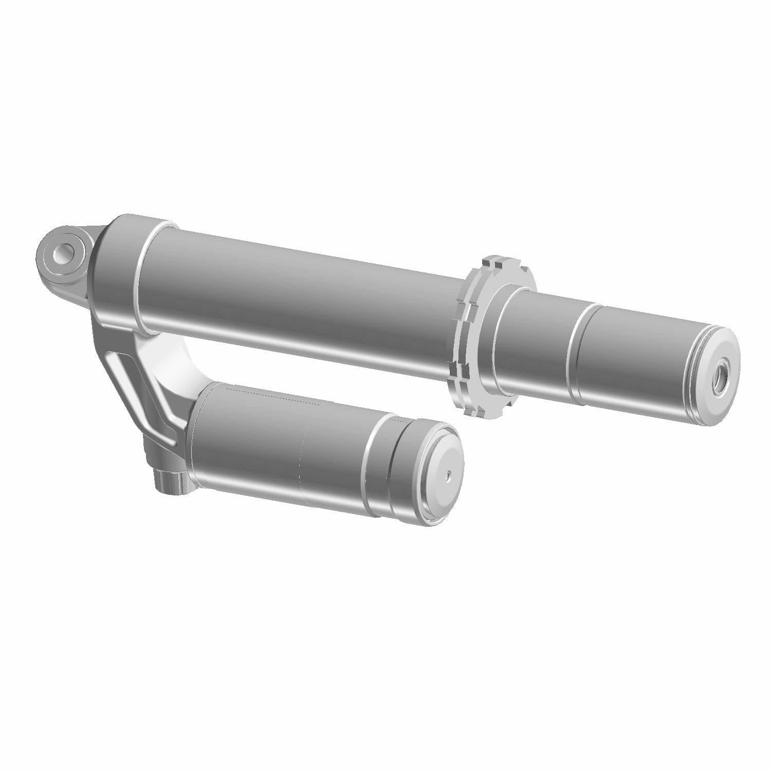 Silver front piggyback shock absorber for Polaris RZR S, cylindrical metal body with dual chambers and mounting bracket.