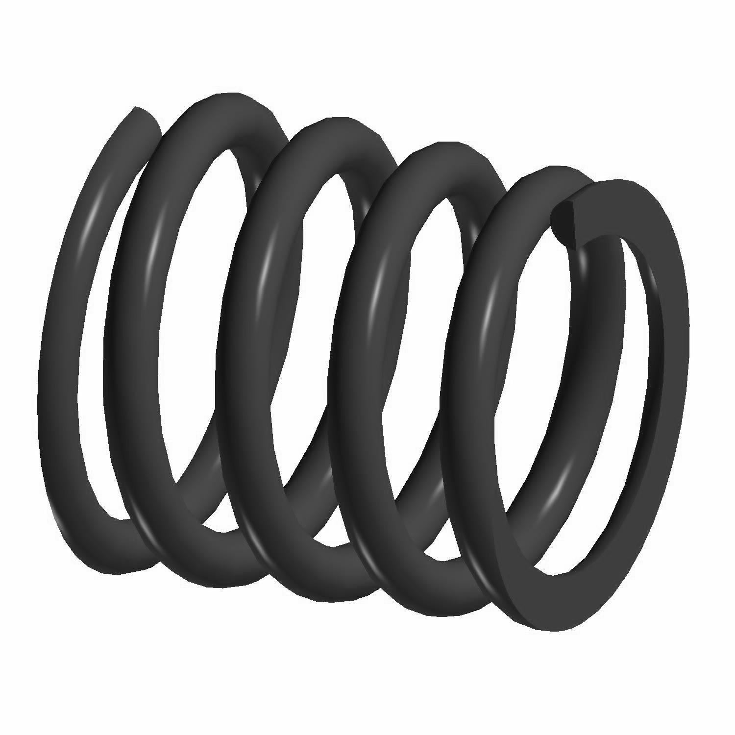 Black coiled metal suspension spring with thick circular cross-section.