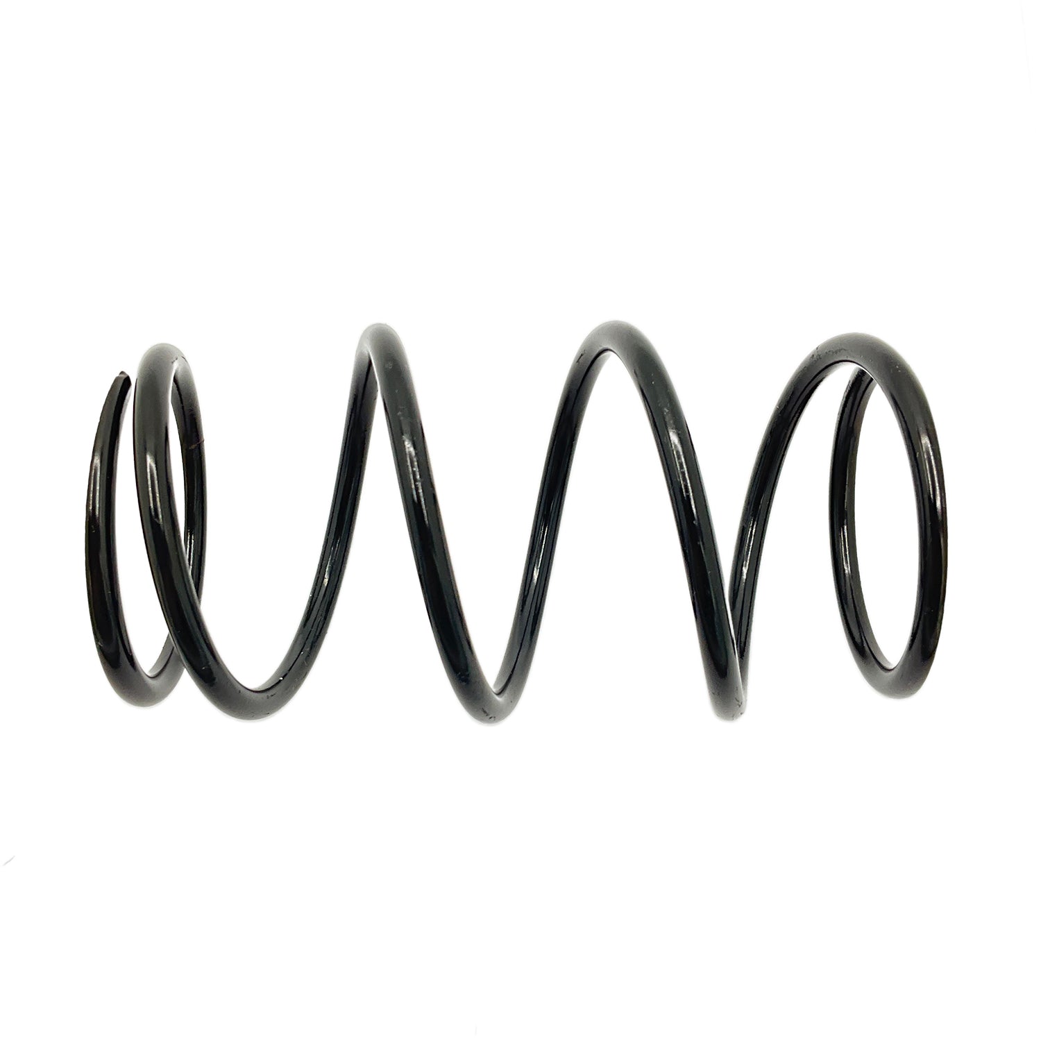 Black heavy-duty coil spring with thick metal wire and uniform spacing.