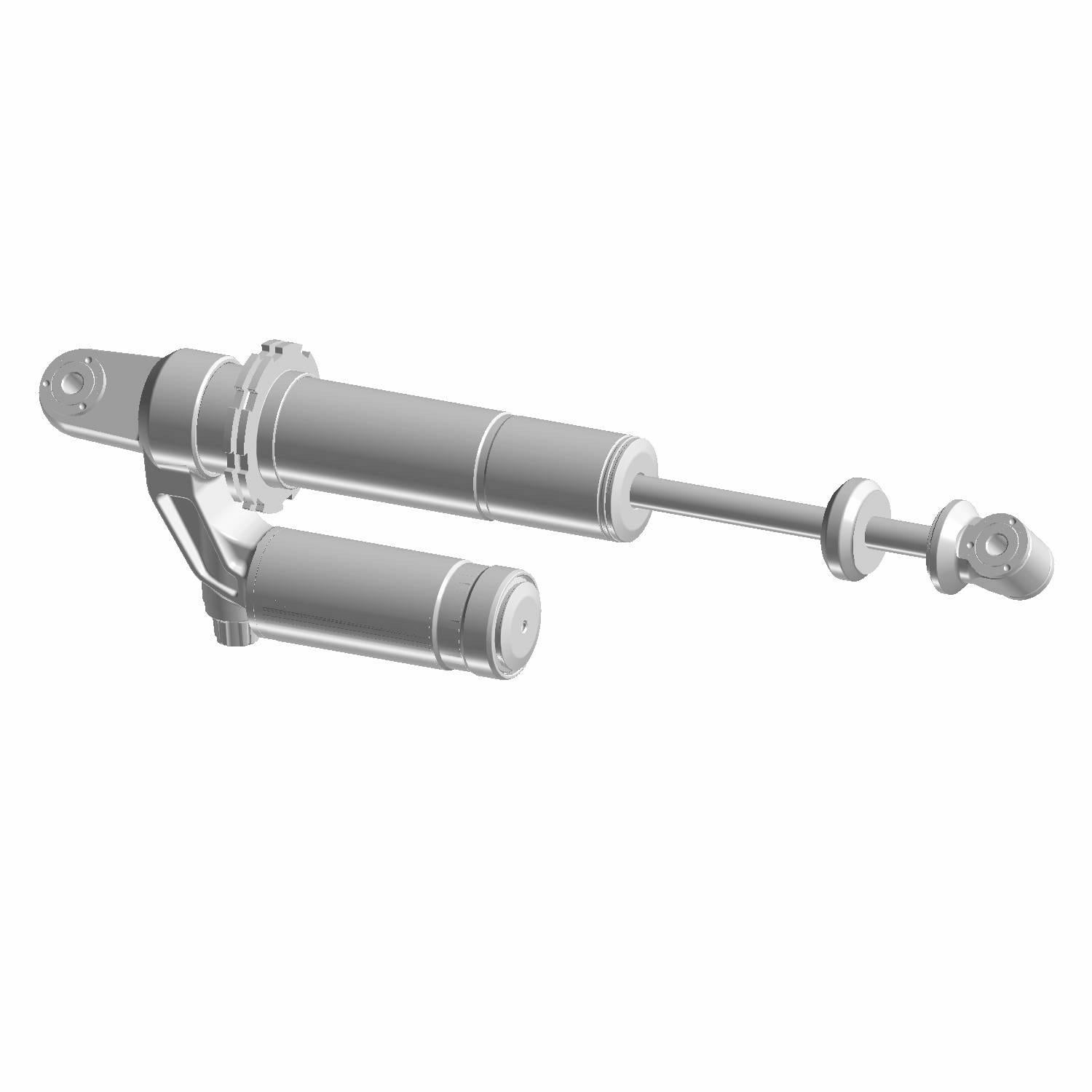 Gray metal piggyback reservoir rear shock absorber with mounting eyes on both ends.