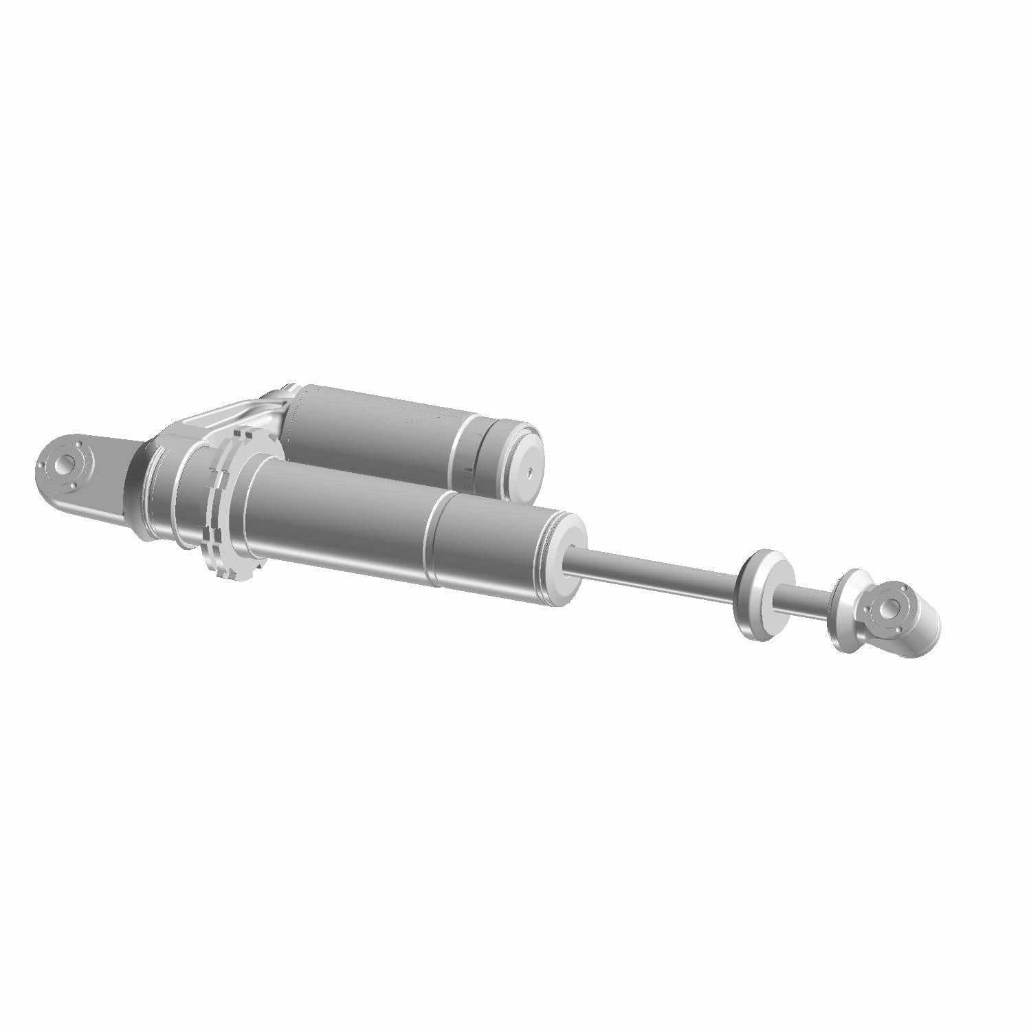 Silver rear piggyback reservoir shock absorber with cylindrical canister and mounting eyelets.