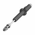 Black and silver front piggyback shock absorber with mounting eyelet and cylindrical reservoir.
