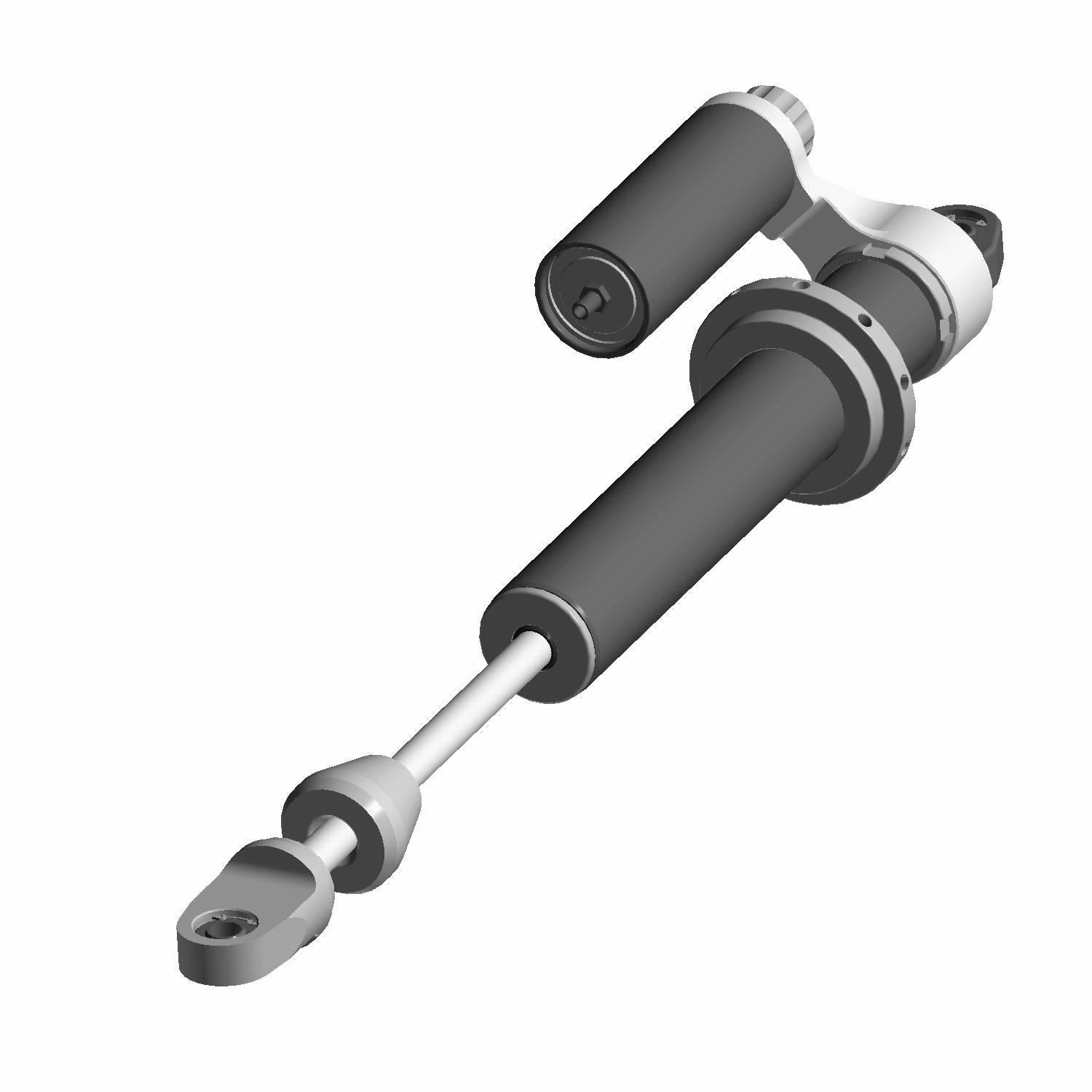 Front left piggyback shock absorber for offroad vehicle, black and silver metal with cylindrical reservoir and mounting.