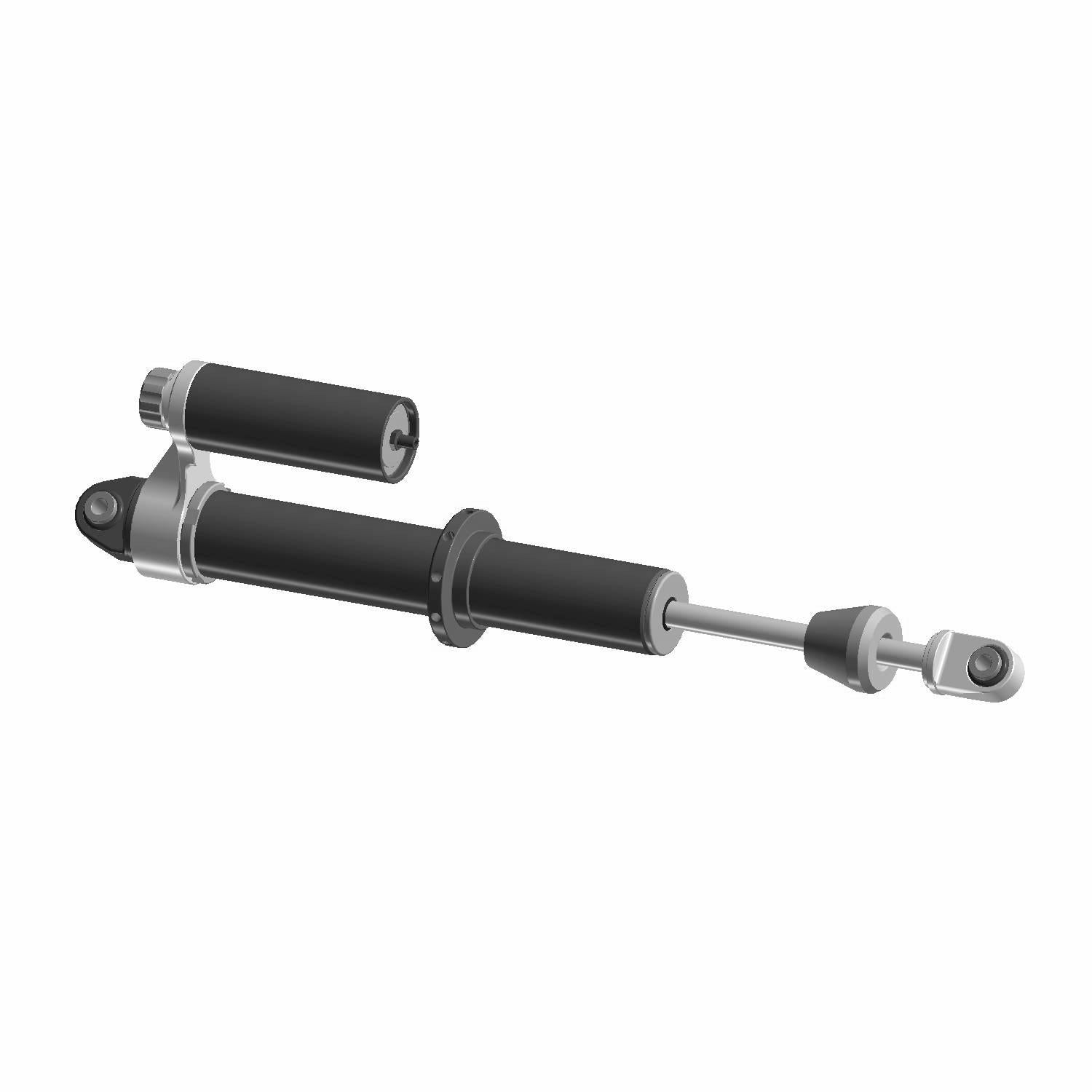 Black and silver piggyback reservoir shock absorber with cylindrical body and mounting eyelets.