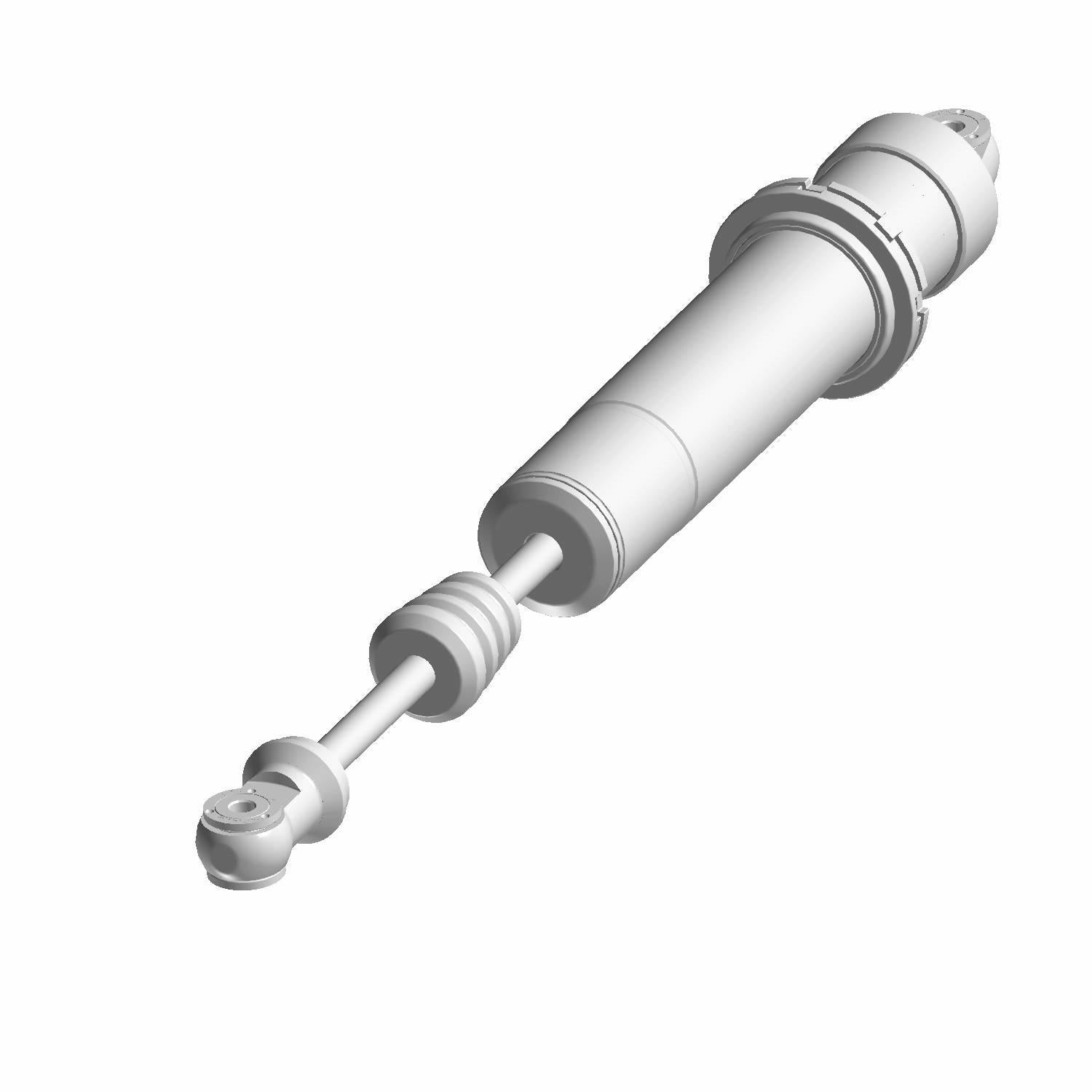 Silver front fox piggyback shock absorber with cylindrical body and mounting points on both ends.