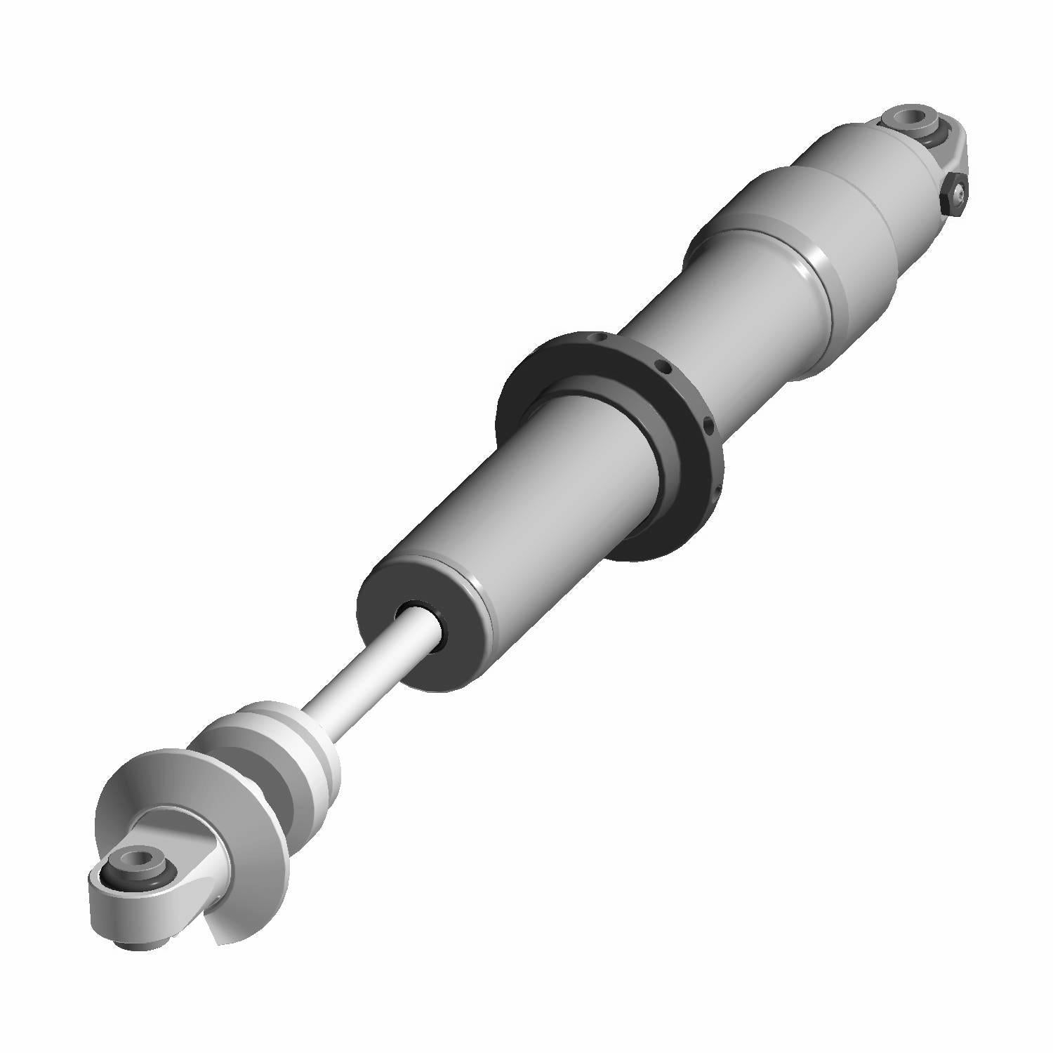Gray front shock absorber with cylindrical body, mounting points at both ends, and a black dust cover ring.