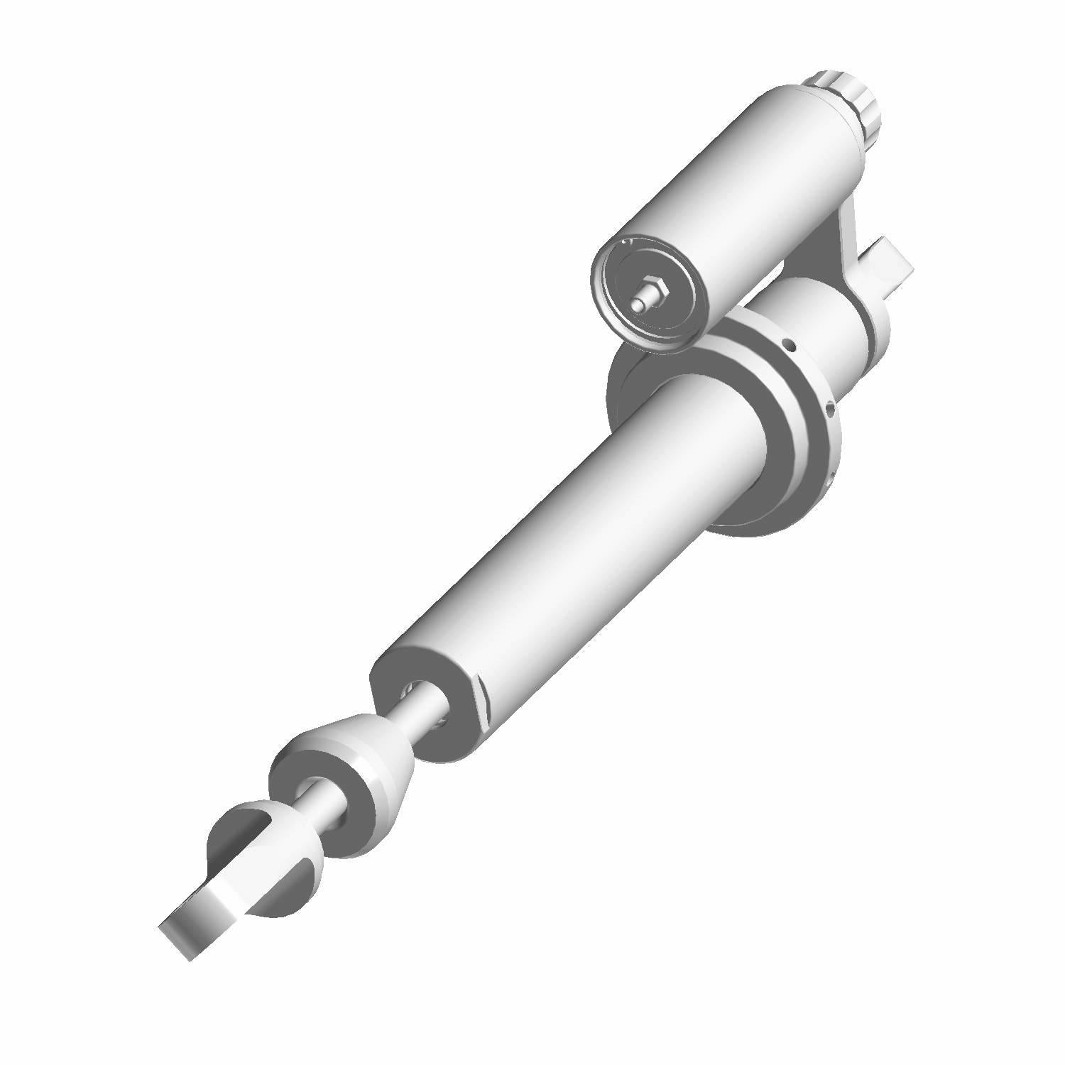 Silver metal front piggyback shock absorber with cylindrical reservoir and mounting brackets.