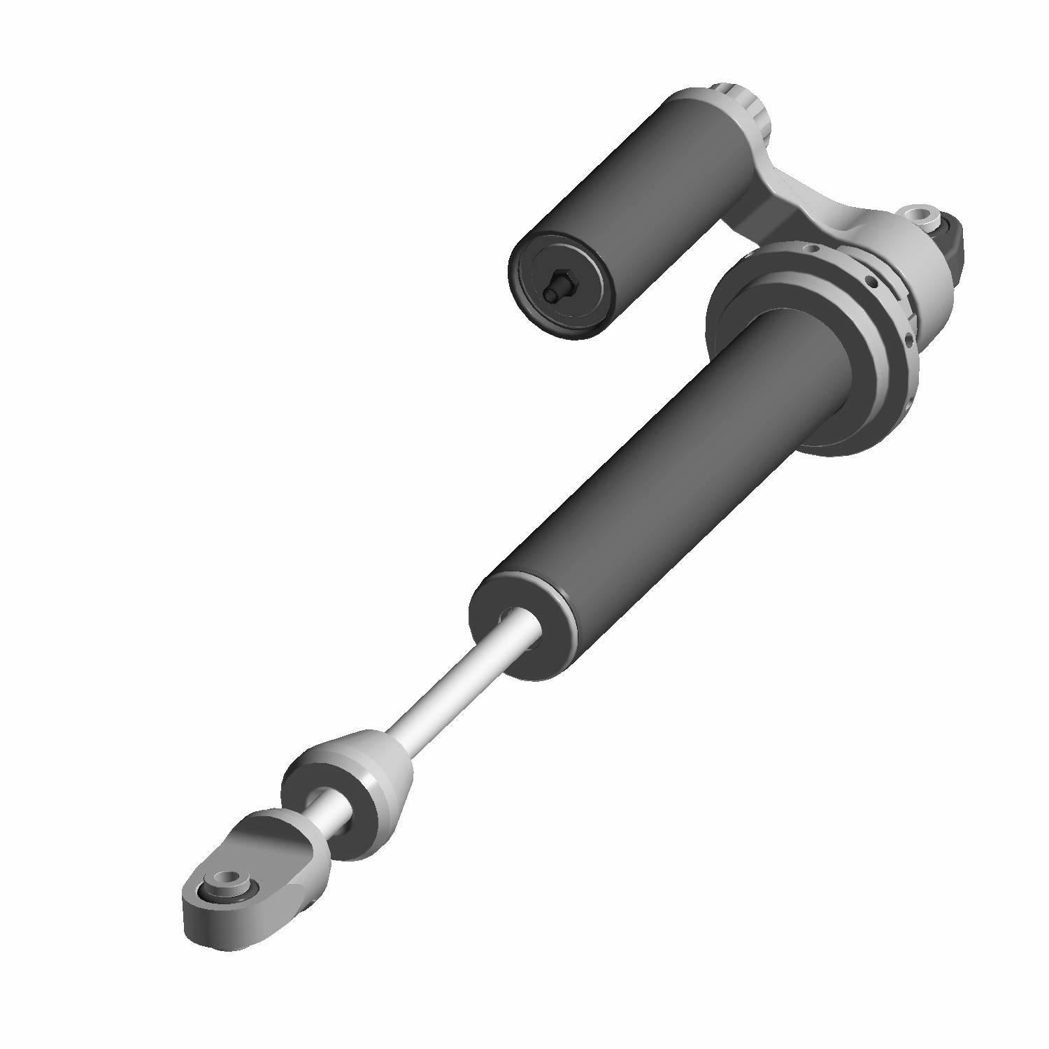 Black and silver front piggyback shock absorber with mounting eyelet and remote reservoir.