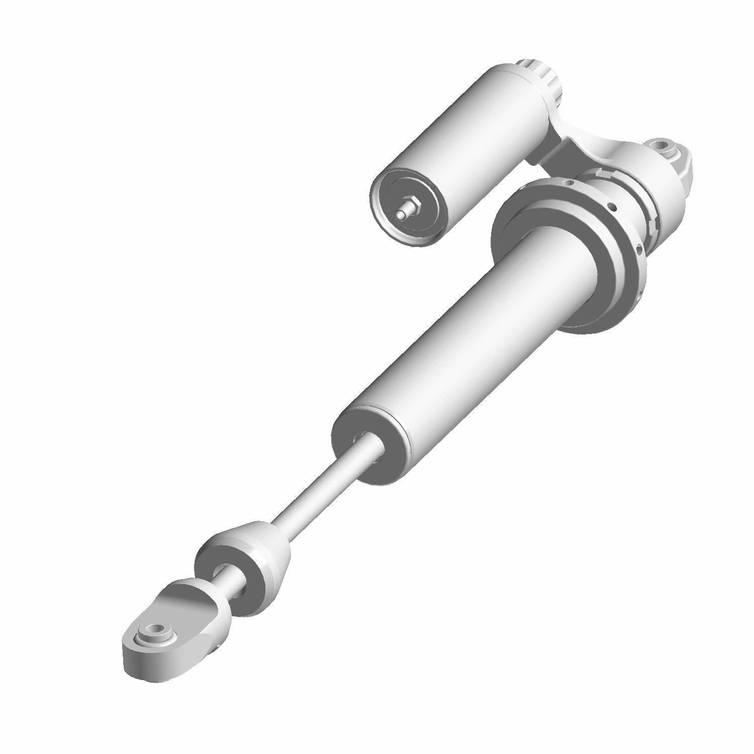 Silver front piggyback shock absorber with cylindrical reservoir and mounting eyes on both ends.