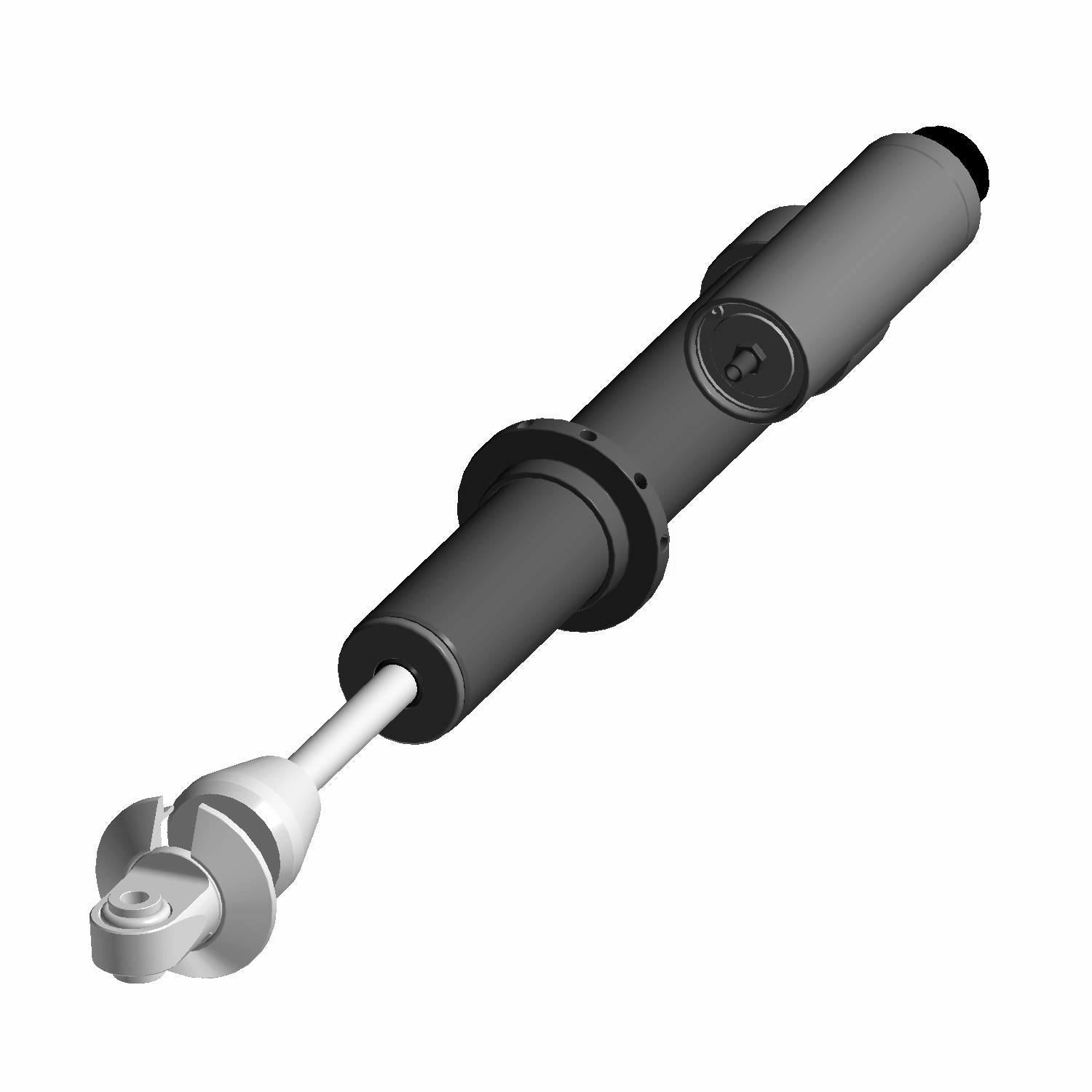 Black and silver front piggyback reservoir shock absorber with mounting hardware.
