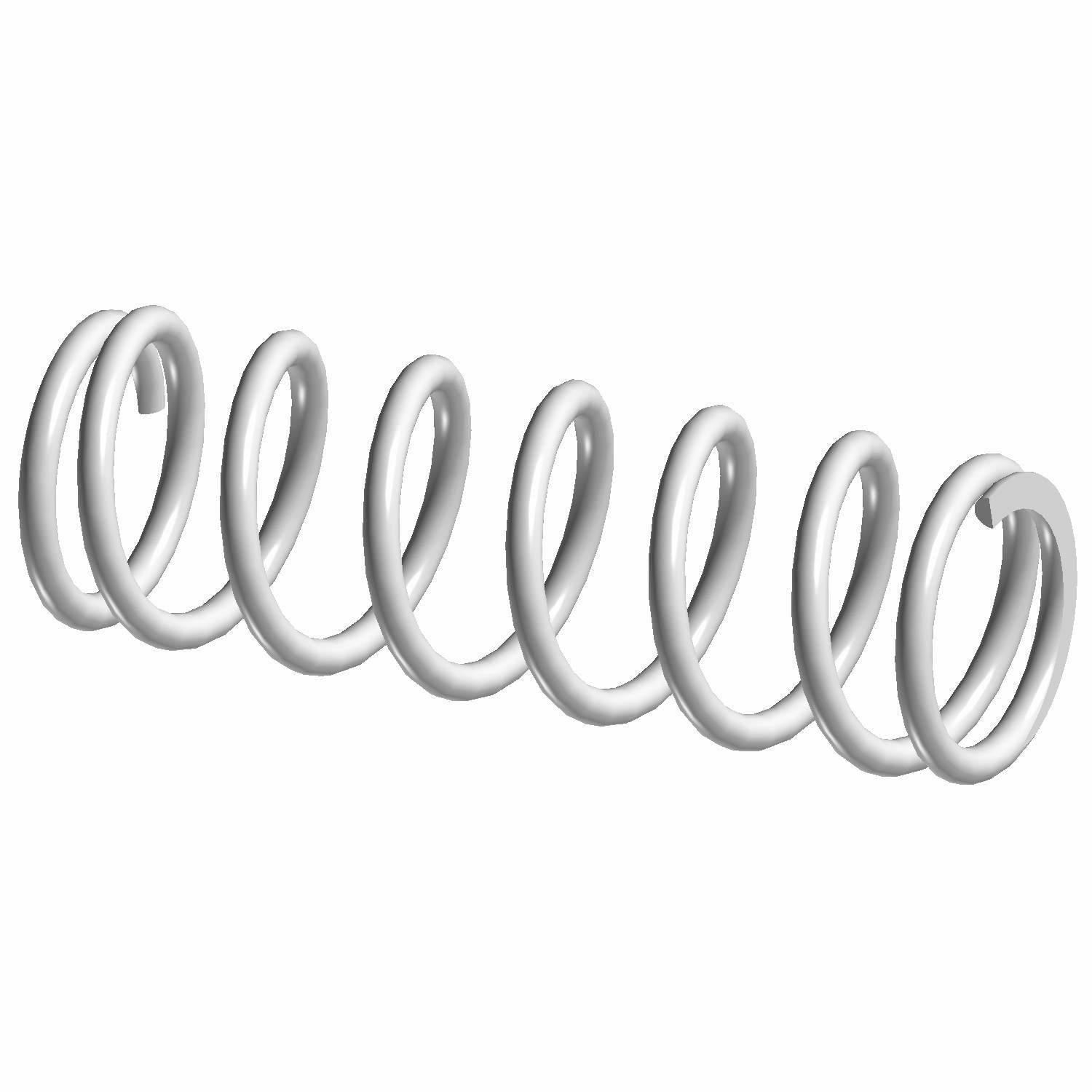 Silver coil shock spring with seven tight coils and smooth metallic finish.