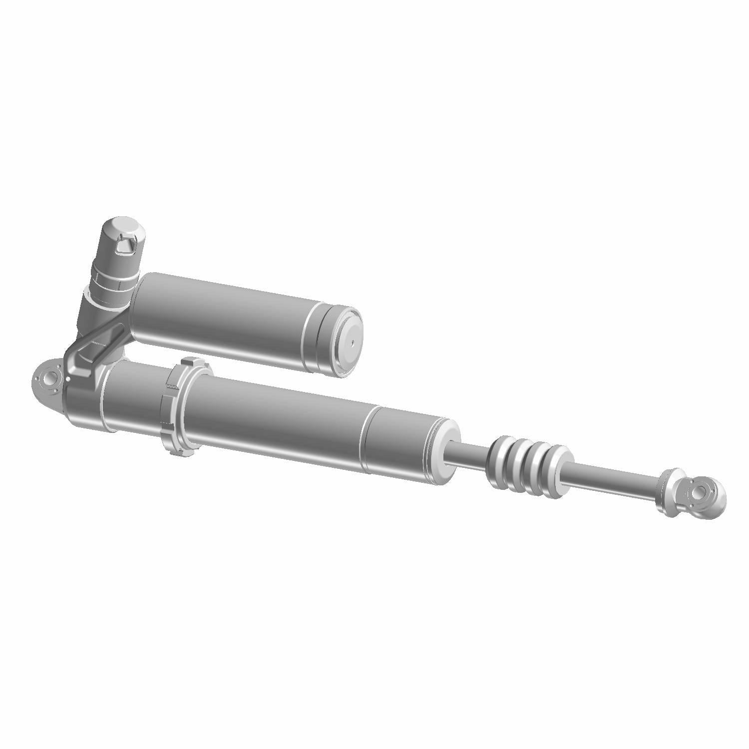Gray metal front shock absorber with cylindrical body and spring coil designed for offroad vehicle suspension.