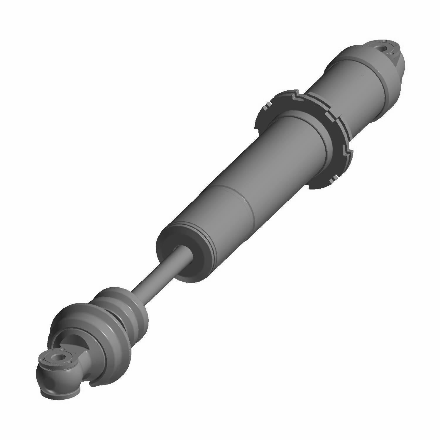 Matte black rear mono shock absorber with cylindrical body and mounting eyelets on both ends.