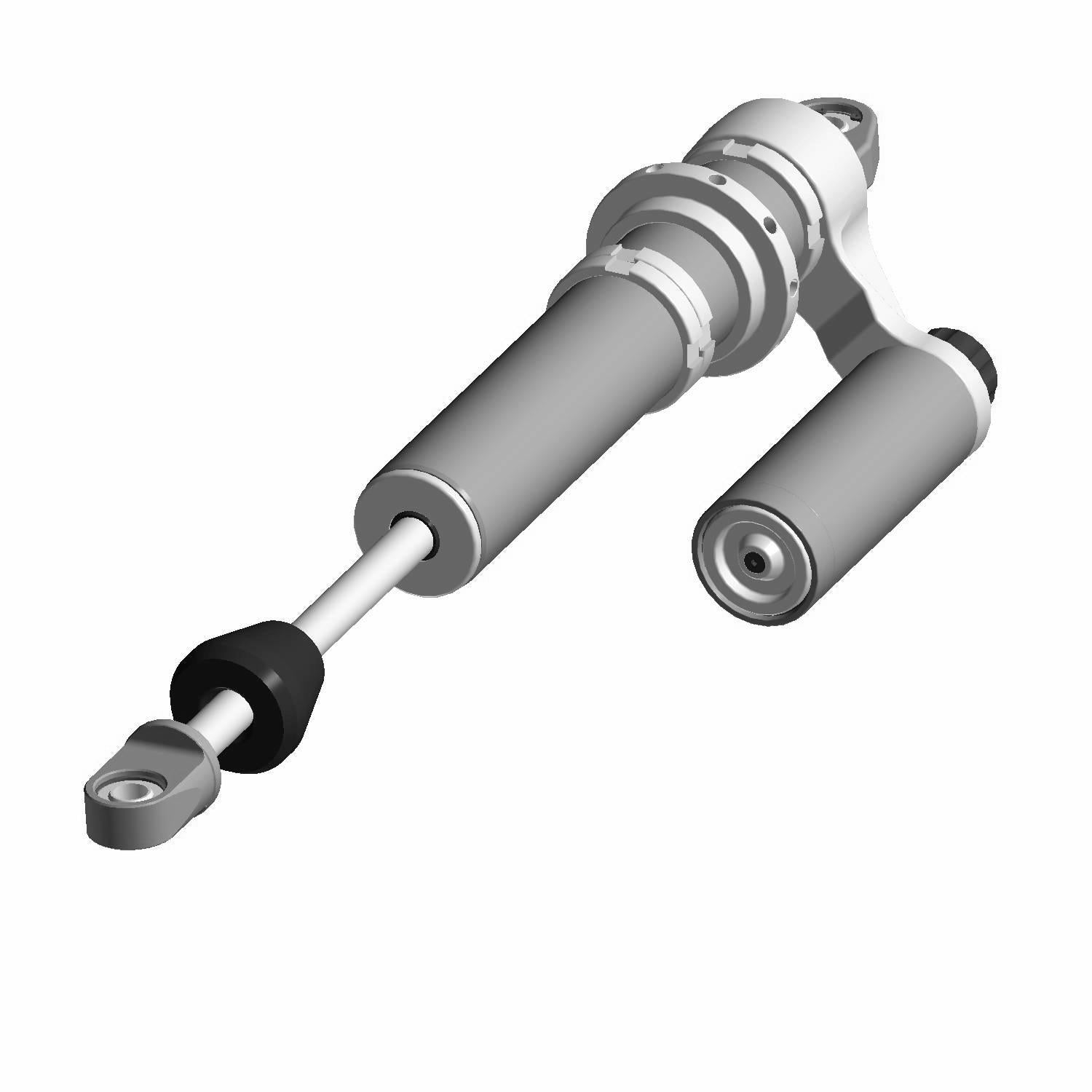 Gray metal front shock absorber with mounting eyelet and external reservoir for Polaris ATV.