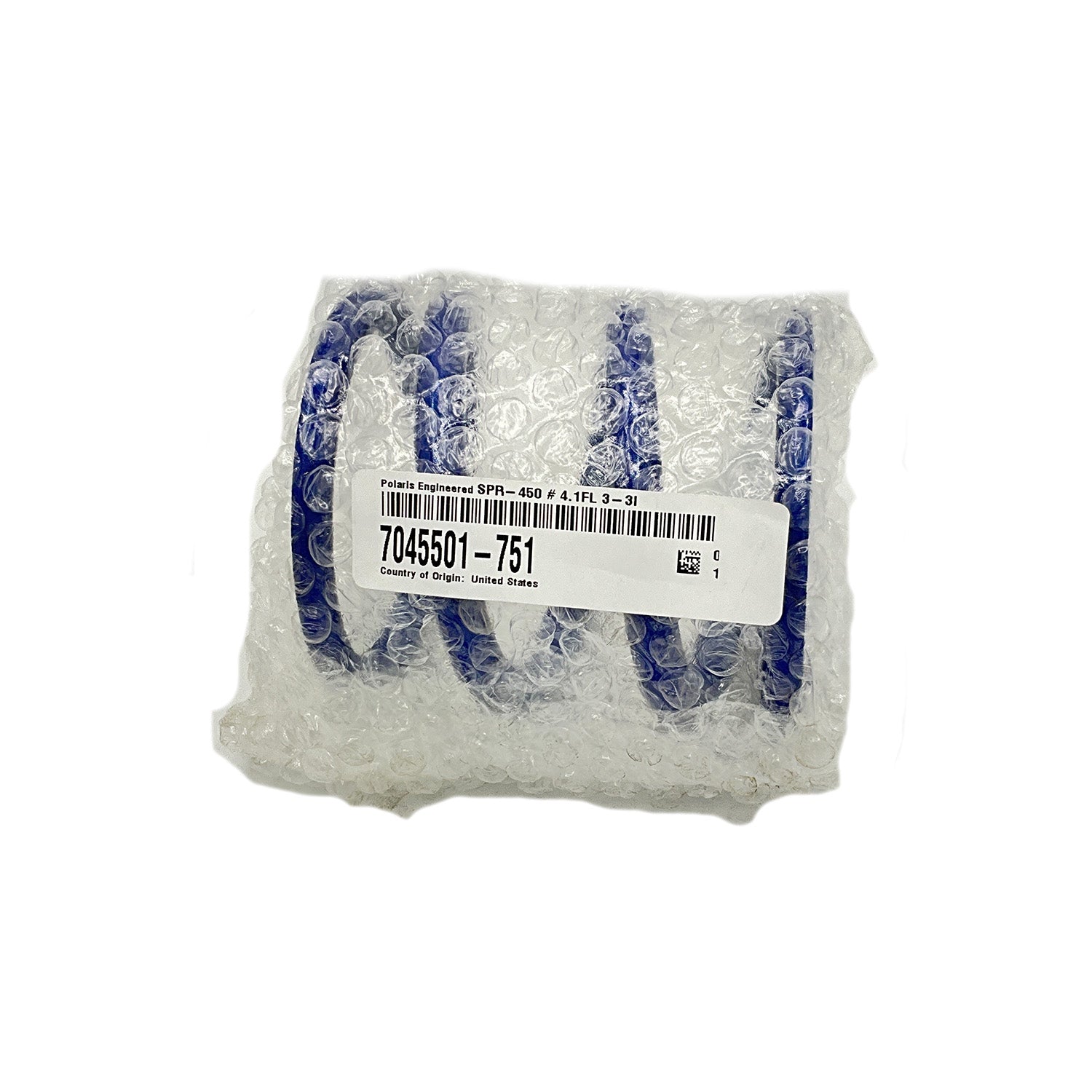 Blue coil shock spring wrapped in protective foam packaging with a white barcode label.