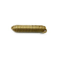 Coiled metal compression spring with tightly wound gold-colored wire and looped end.