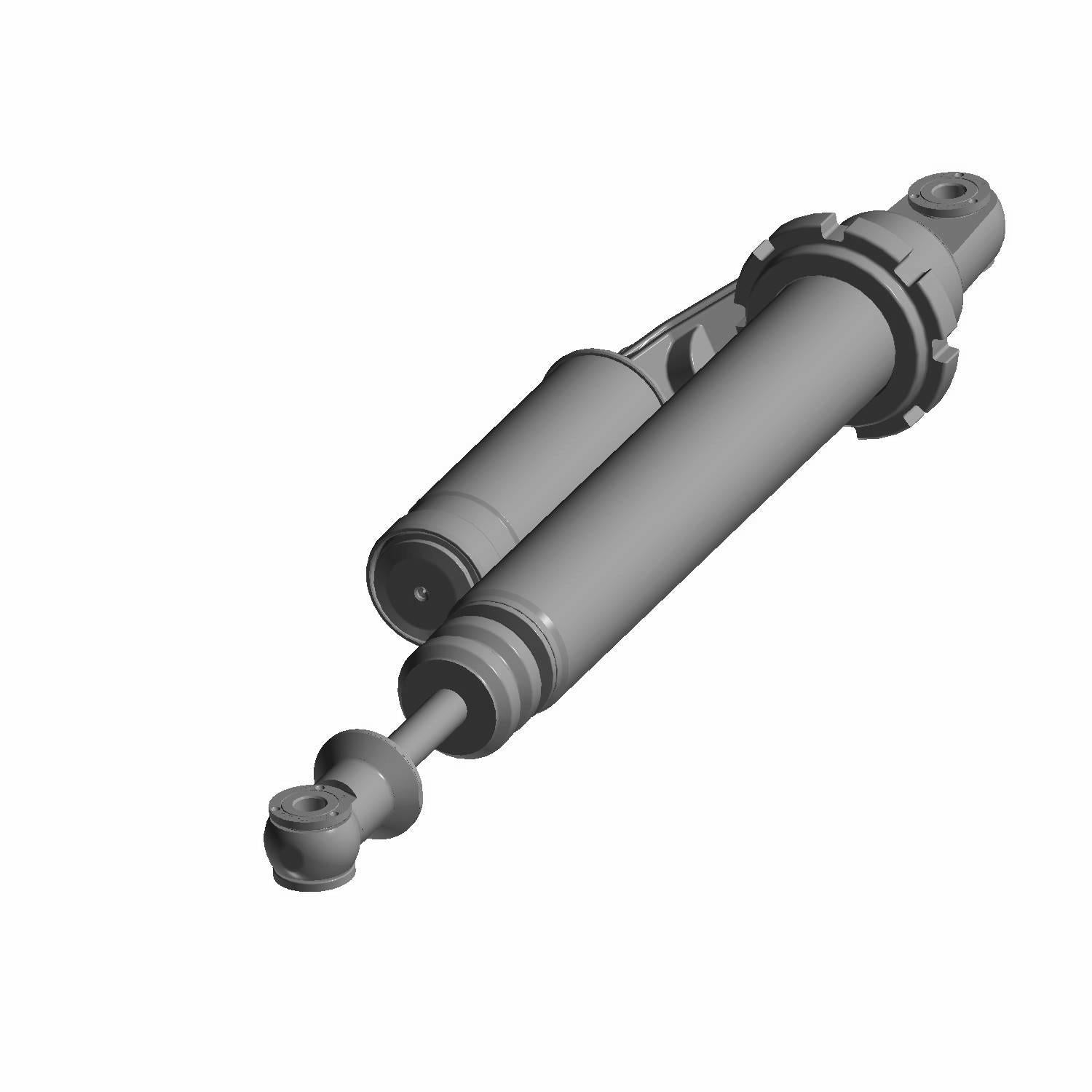 Matte black front right shock absorber with dual-cylinder design and mounting eyelets on both ends.