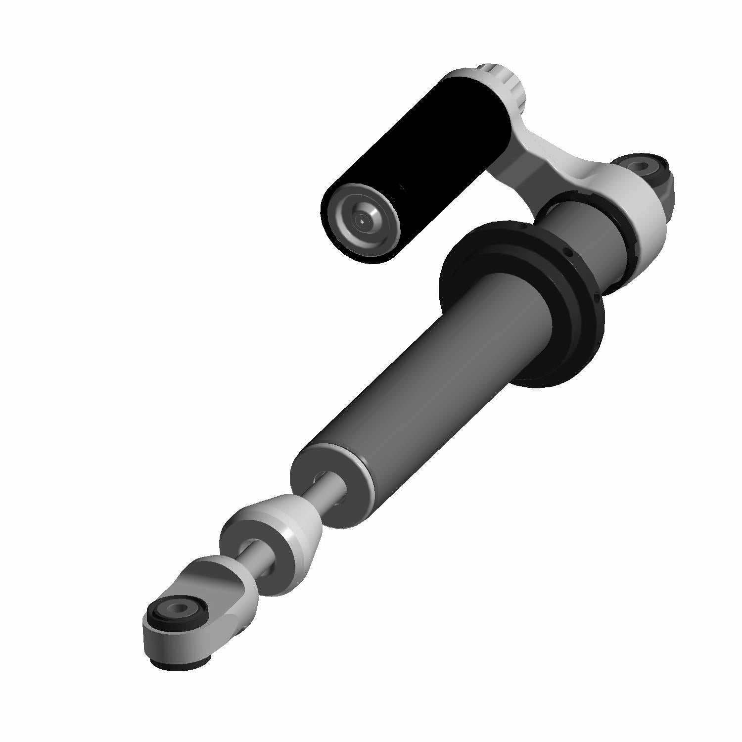 Gray and black front left shock absorber with mounting points designed for Polaris off-road vehicles.