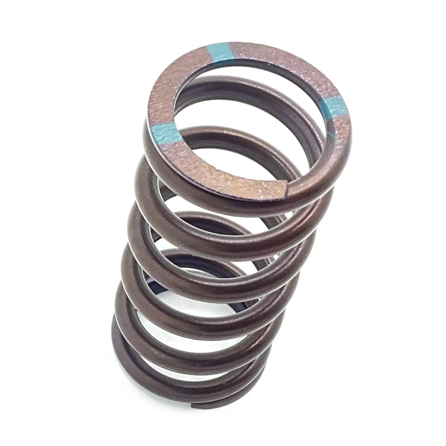 Dark metallic coil valve spring with visible light blue markings on two coils.