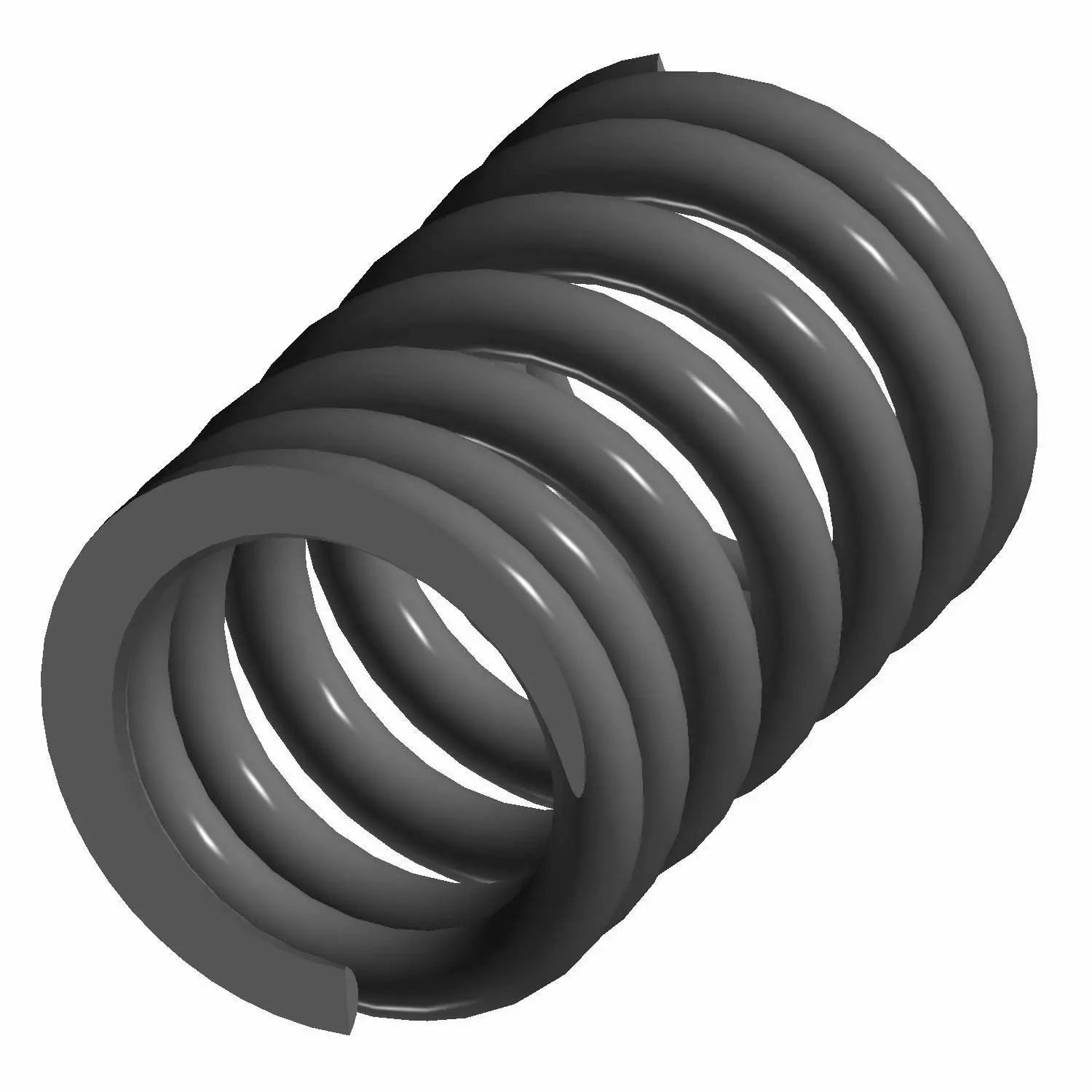 Black coiled metal valve spring with close, uniform spacing and a small gap at the end.