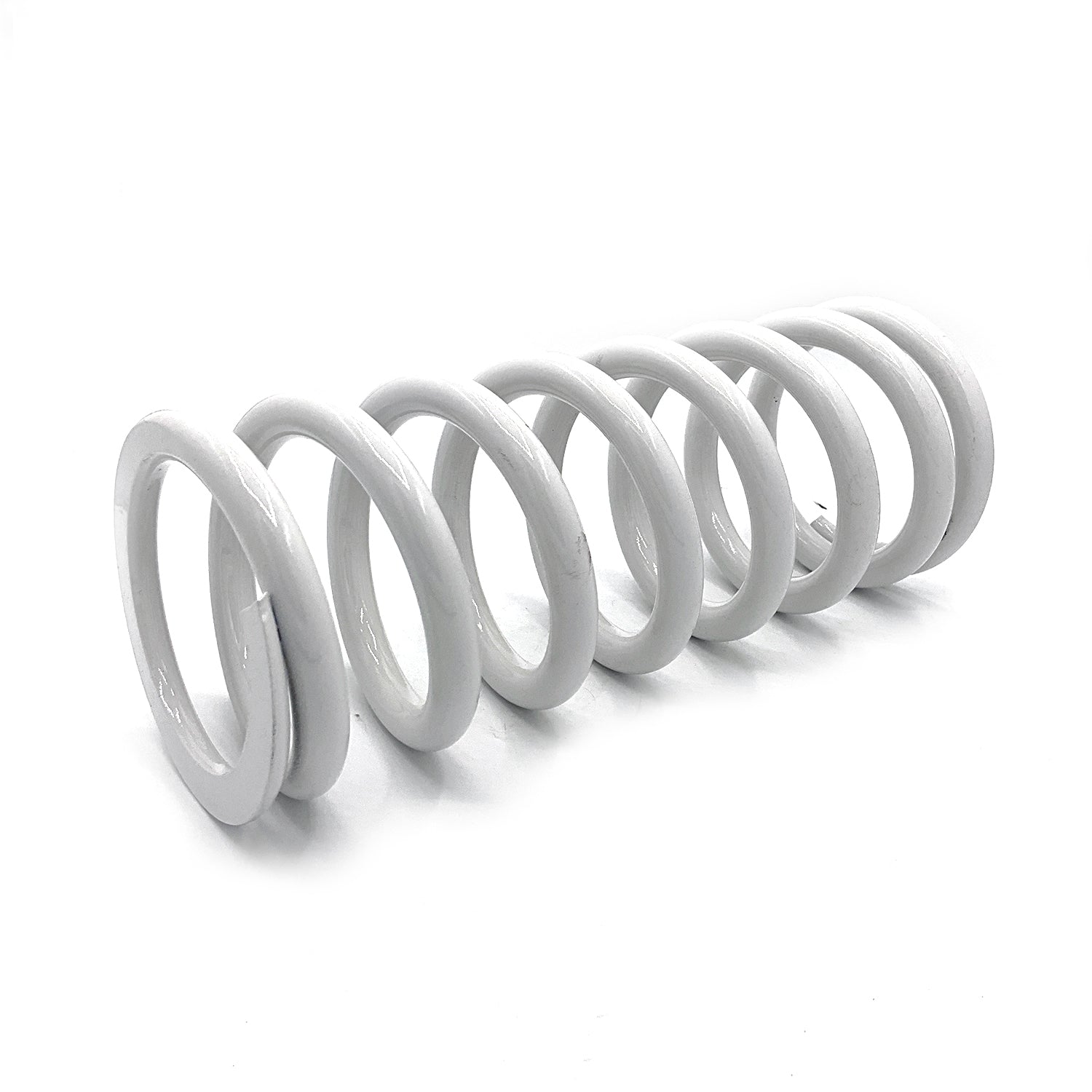 White coil compression spring with a thick, sturdy metal wire and consistent spacing.