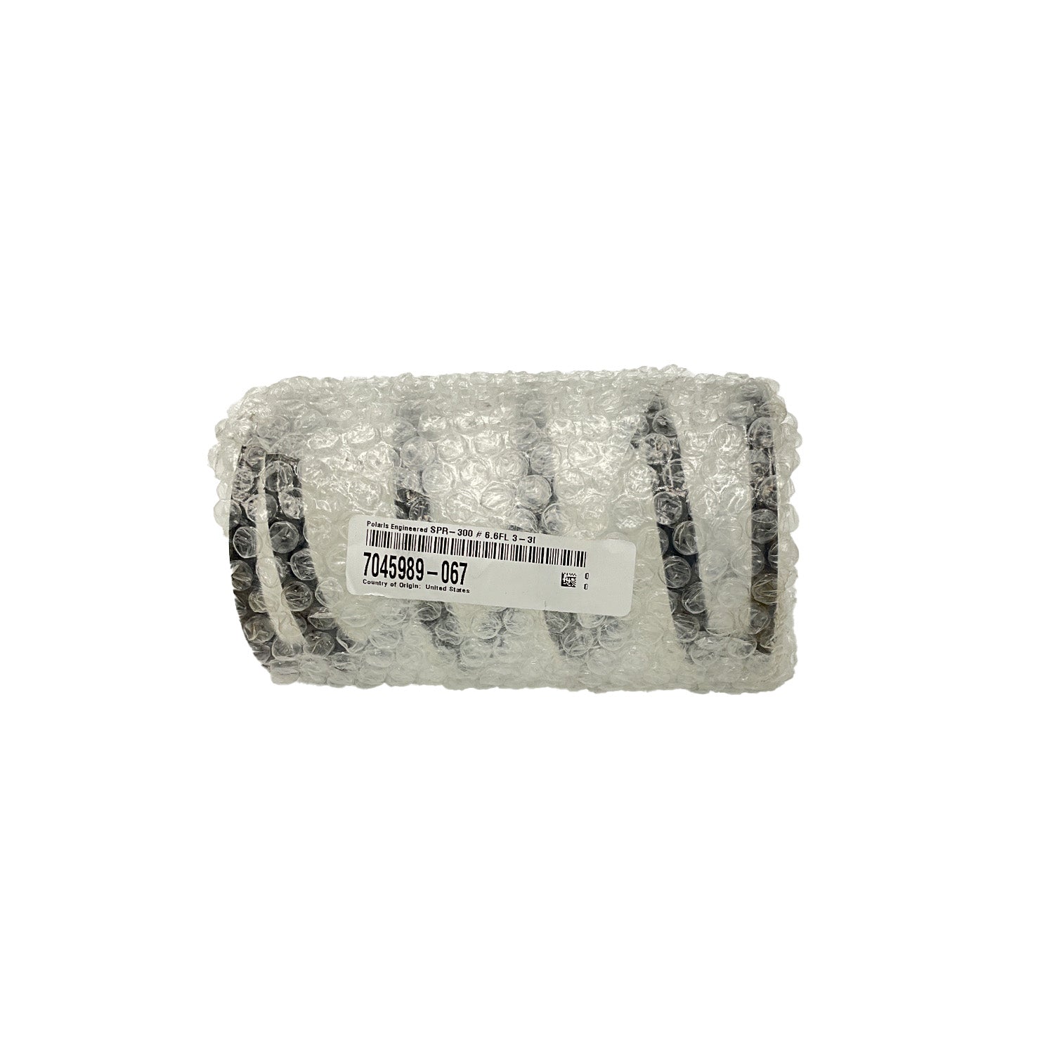 Black metal shock spring wrapped in protective bubble wrap with a visible label on the packaging.