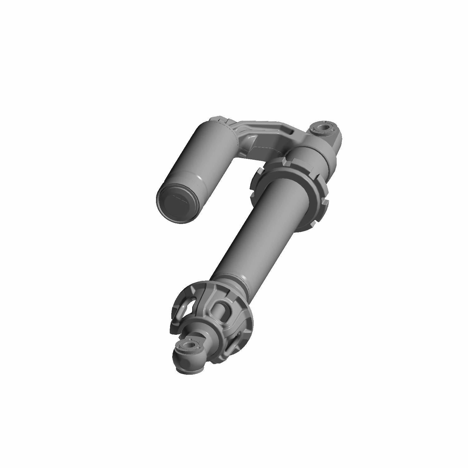 Gray front shock absorber with cylindrical body and mounting points for offroad vehicle suspension.
