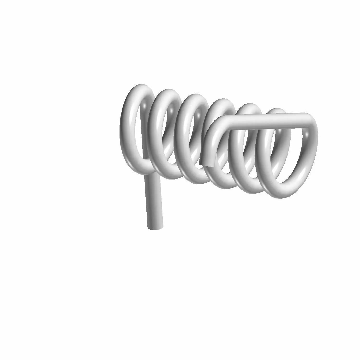 Silver metal coil torsion spring with hooked ends and a straight leg extension.