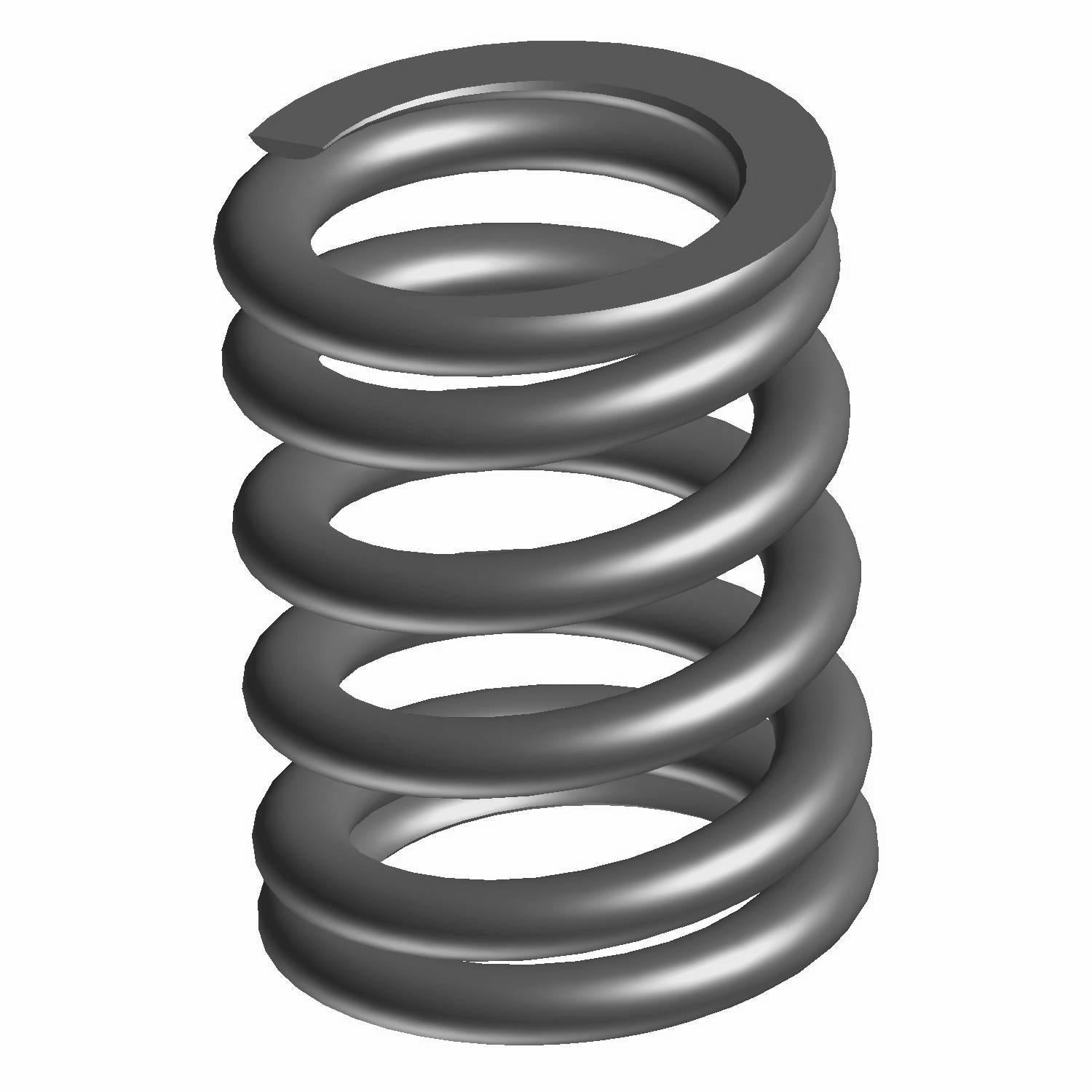 Compact metallic coil valve spring with tightly wound circular loops and a smooth grey finish.