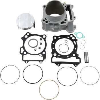 Gray metal cylinder sleeve with matching silver piston, two black gaskets, four piston rings, and small green O-ring and.