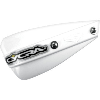 A white Probend™ Low Profile Replacement Handshield by Cycra for motorcycles, featuring a black and yellow Cycra logo and two visible mounting screws.