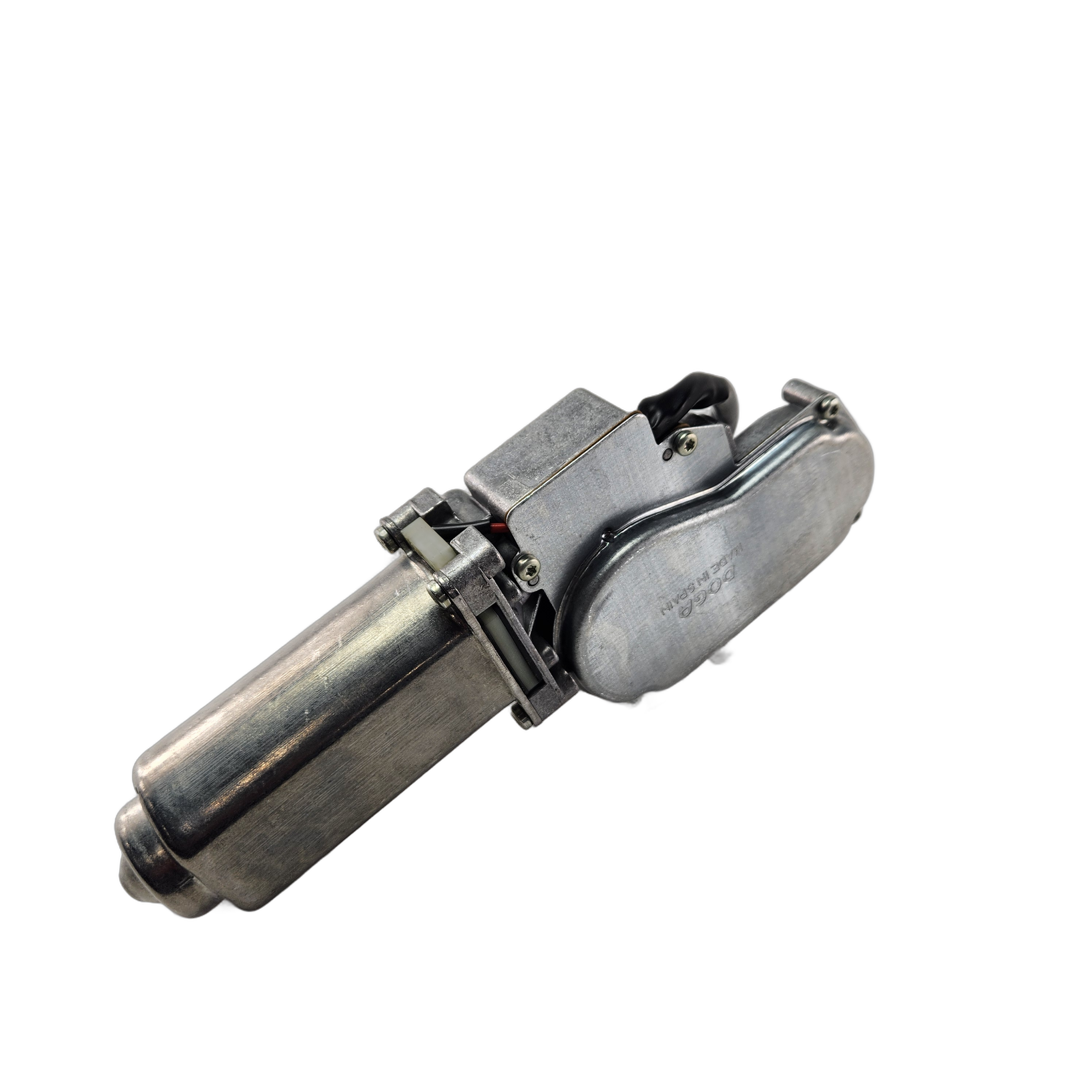 The Wiper Motor by Can-Am is a silver metal assembly with a cylindrical body and attached gear housing, designed for use in Can-Am UTVs, shown isolated on a white background.