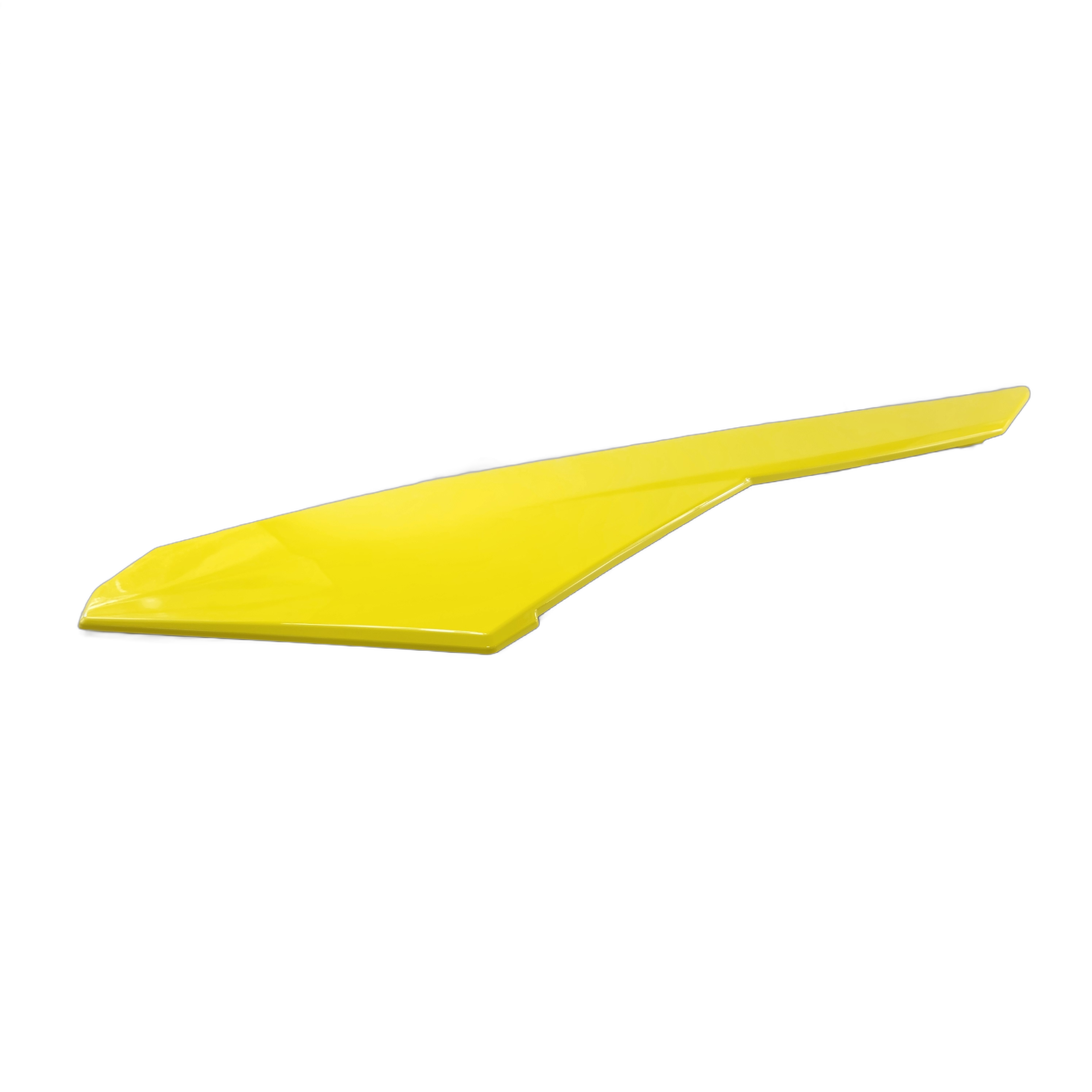 A bright yellow, elongated, and angular Yellow LH Door Trim Panel by Can-Am—OEM part with a tapered end—isolated on a white background.