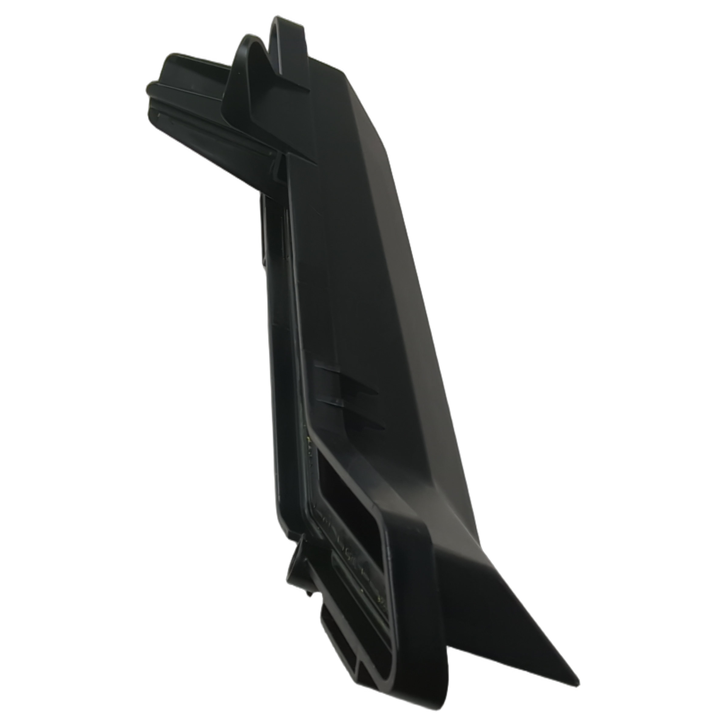 Deep black plastic front headlight trim with angular, aerodynamic shape and mounting clips.