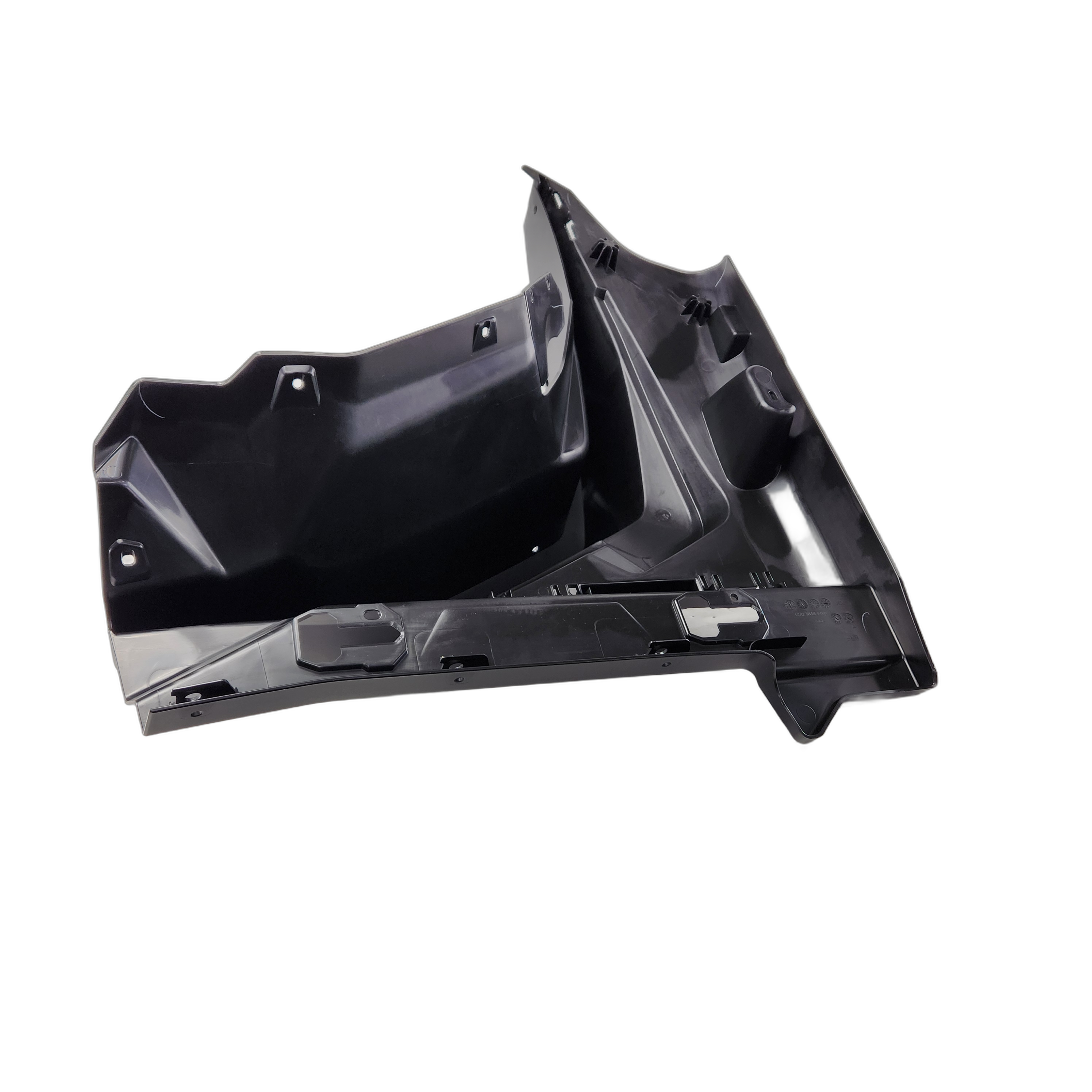 Black molded plastic RH front mud guard with angular design and mounting points for Can-Am Commander SXS.