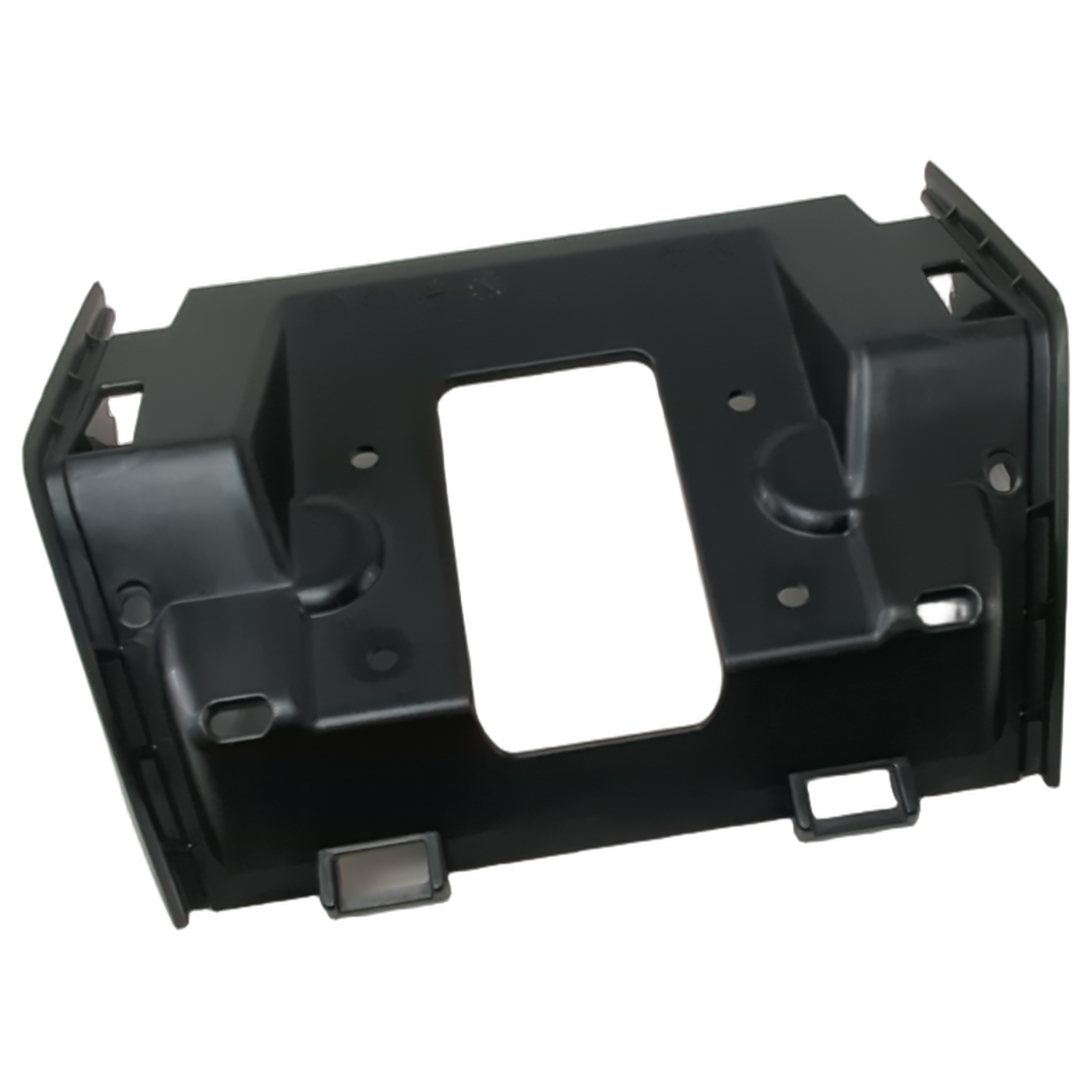 Black plastic interior gauge support bracket with rectangular and rounded cutouts and mounting tabs.